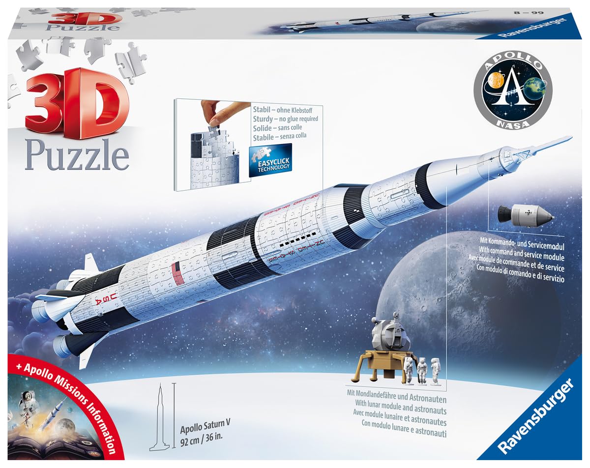 Ravensburger - Puzzle 3D, Apollo Saturn V Rocket, Maqueta para Adultos y Niños de 8+ Años, Rompecabezas de 504 Piezas