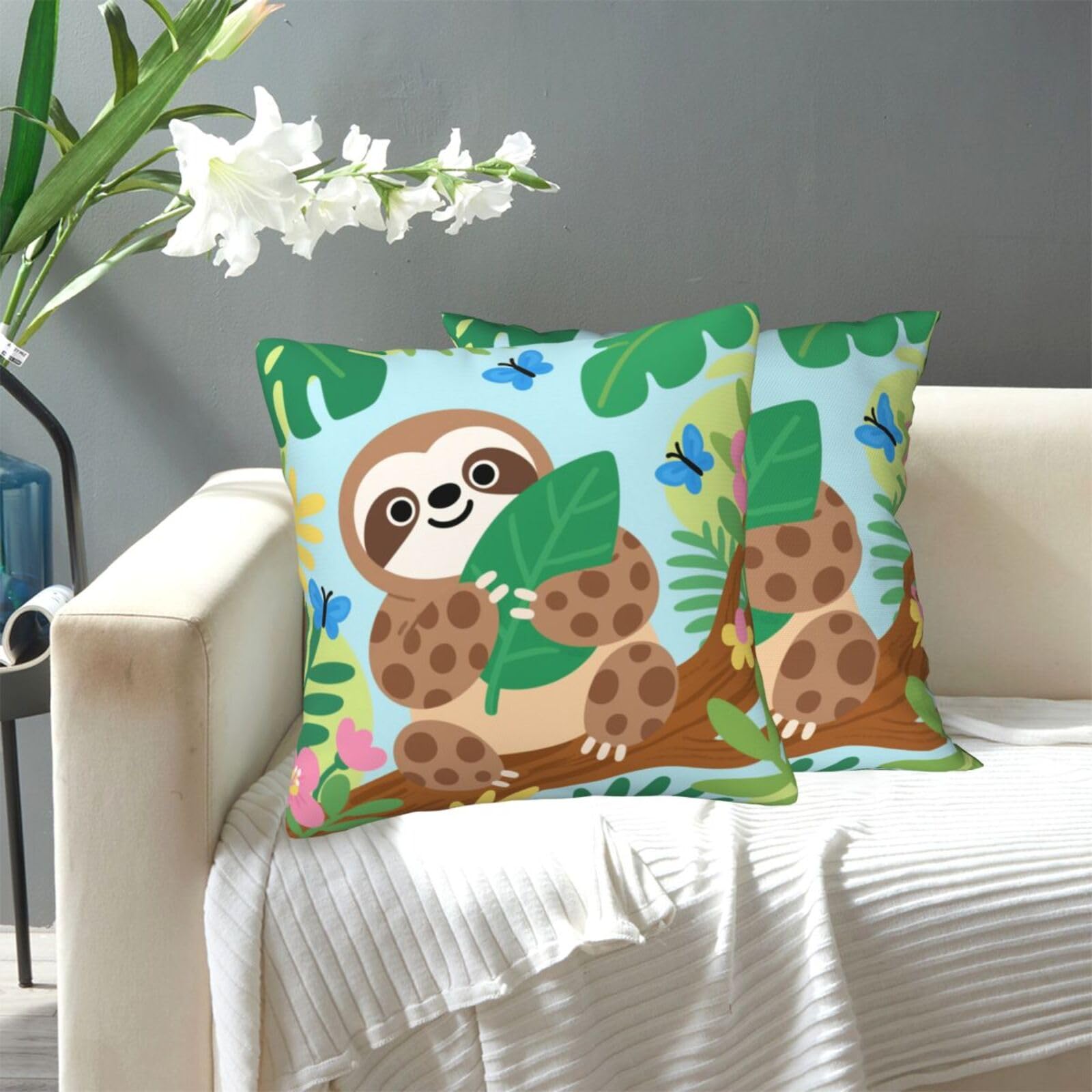 FekiLoot Decorative Throw Pillow Covers Modern Farmhouse Pillowcase Double Sided Cozy Cushion Cover for Sofa Couch Bed 18"X18" Cute Sloth in Jungle