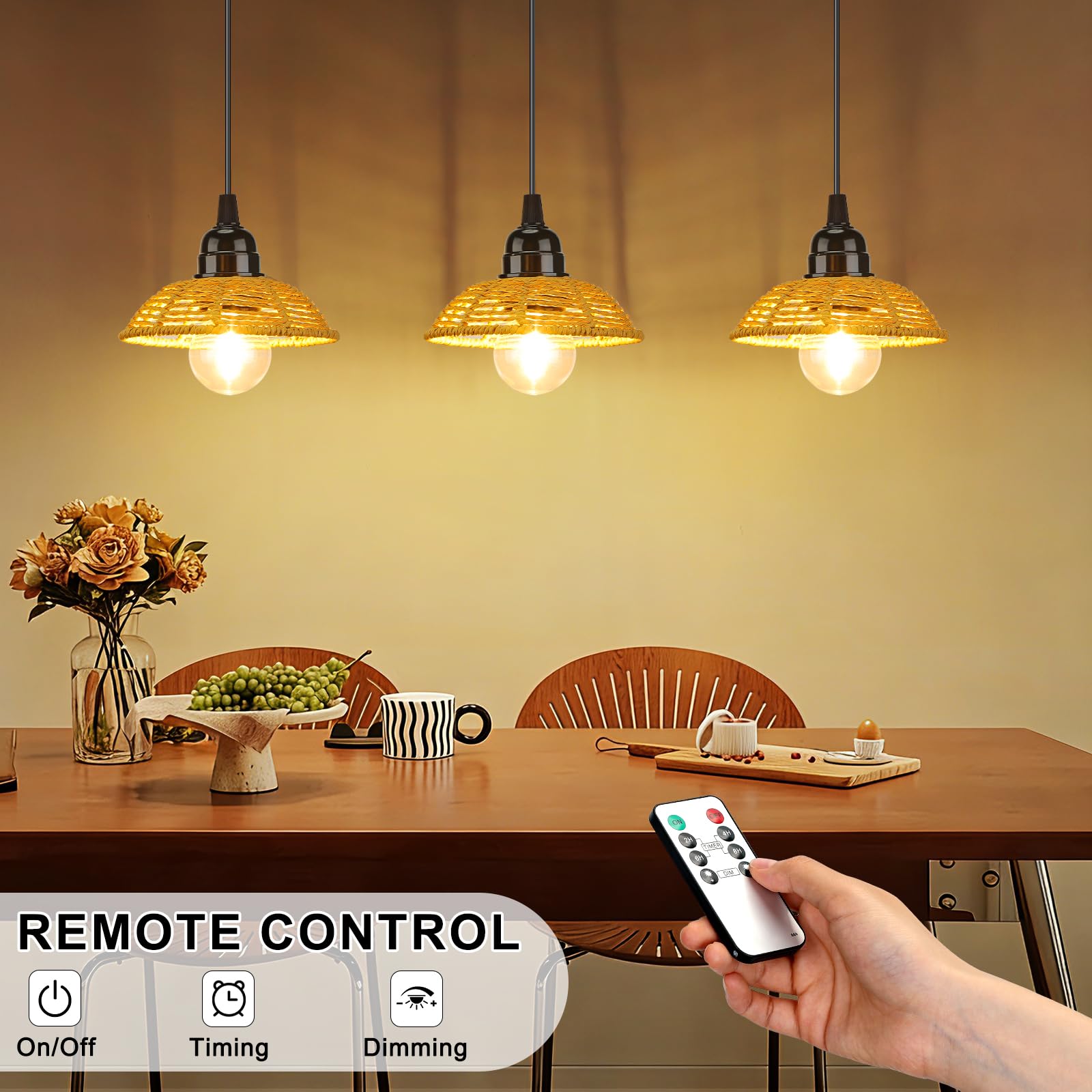 Suspension Luminaire Rotin Exterieur Intérieur Dimmable Batterie Télécommande IP65 Portable Minuterie Jardin Camping Étanche