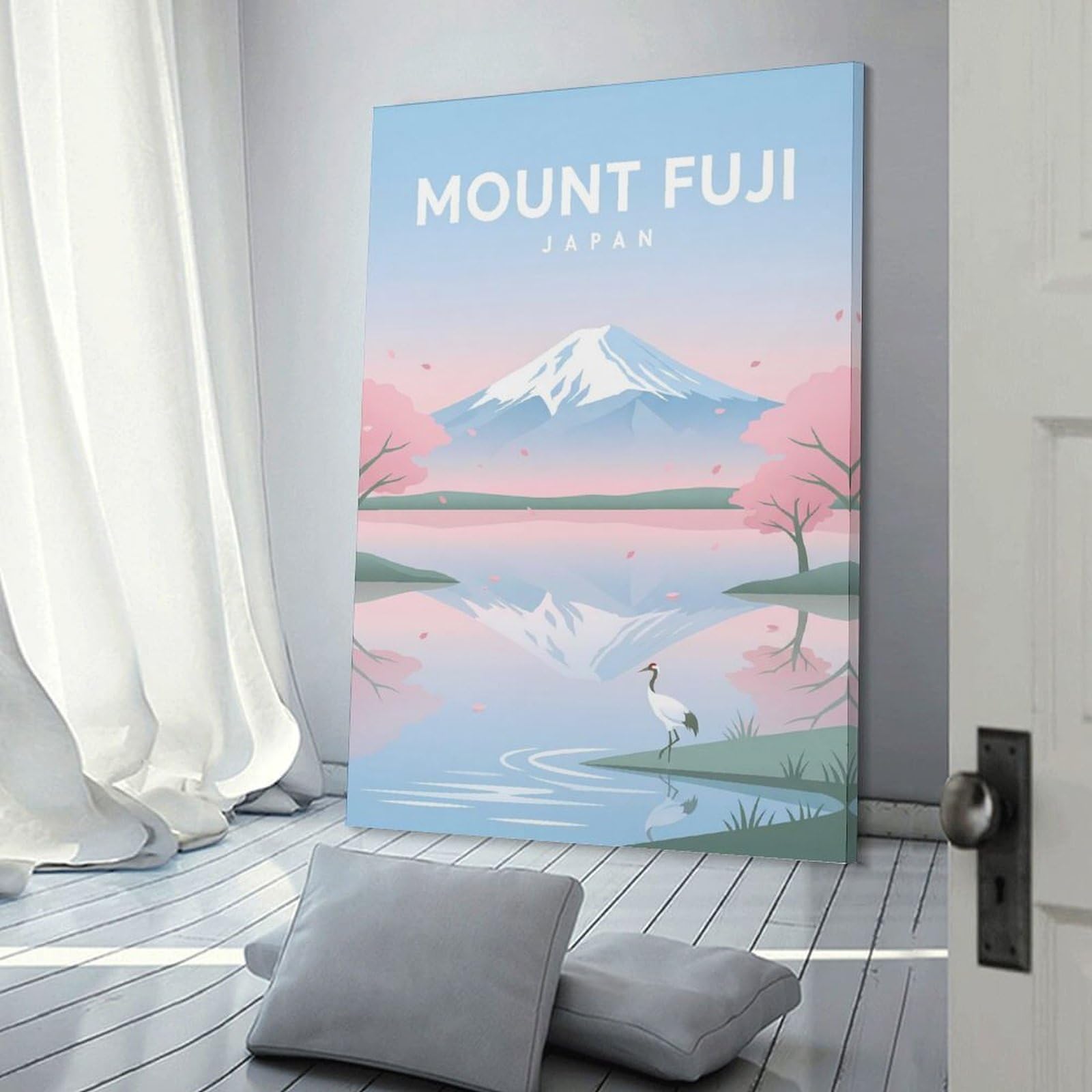 Junmoney Mount Fuji with Cherry Blossoms And Crane Hanging Wall Art 20x30inch(50x75cm), for Gallery Wall Decor And Room Displays, A Versatile Canvas Print for Layering