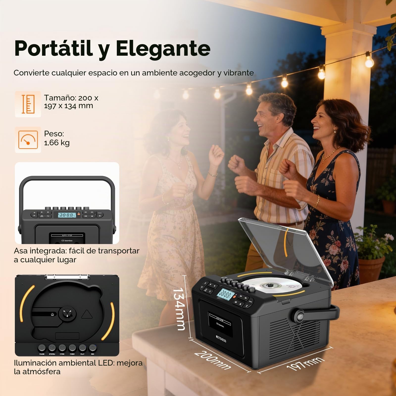 Retekess TR642 Reproductor de CD Portátil, Radio Cassette Portátil, Am/FM, Conectividad Inalámbrica, Batería Recargable de 5000 mAh, USB/AUX/TF, Conector para Auriculares, Apto para Familias