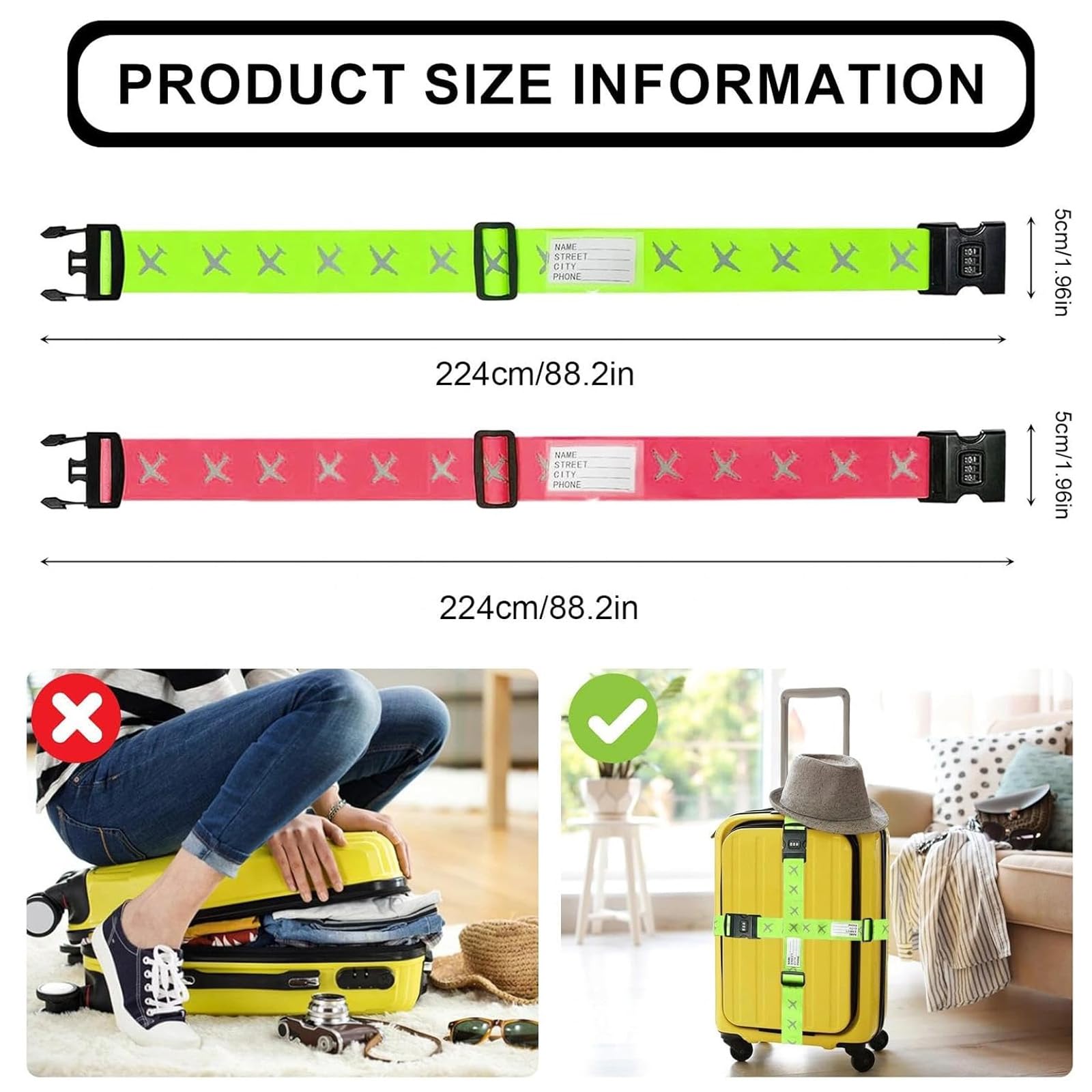 4 Pièces Sangle Valise Voyage avec Code, Sangles pour Bagages Réglables Ceinture Valise, Ensemble de Sangle de Bagage Croisées avec Etiquette pour Valise Bagage Sac de Voyage, Vert + Rose