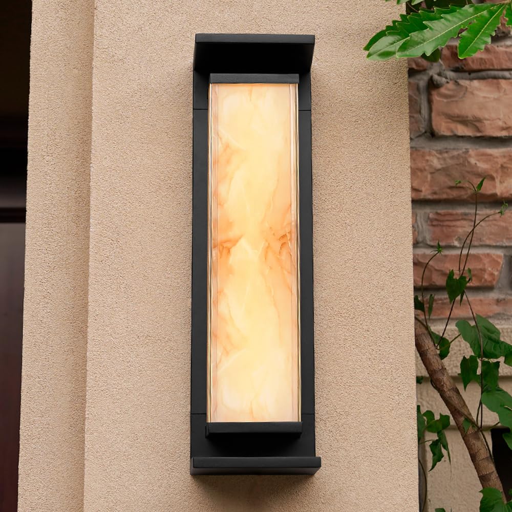 JYBNBBE Wall Sconces Outdoor LED Wall Light Glass Exterior Light Fixture with Marble Texture Shade Wall Lamp for Balcony Entryway Garage Hallway,Black-40CM