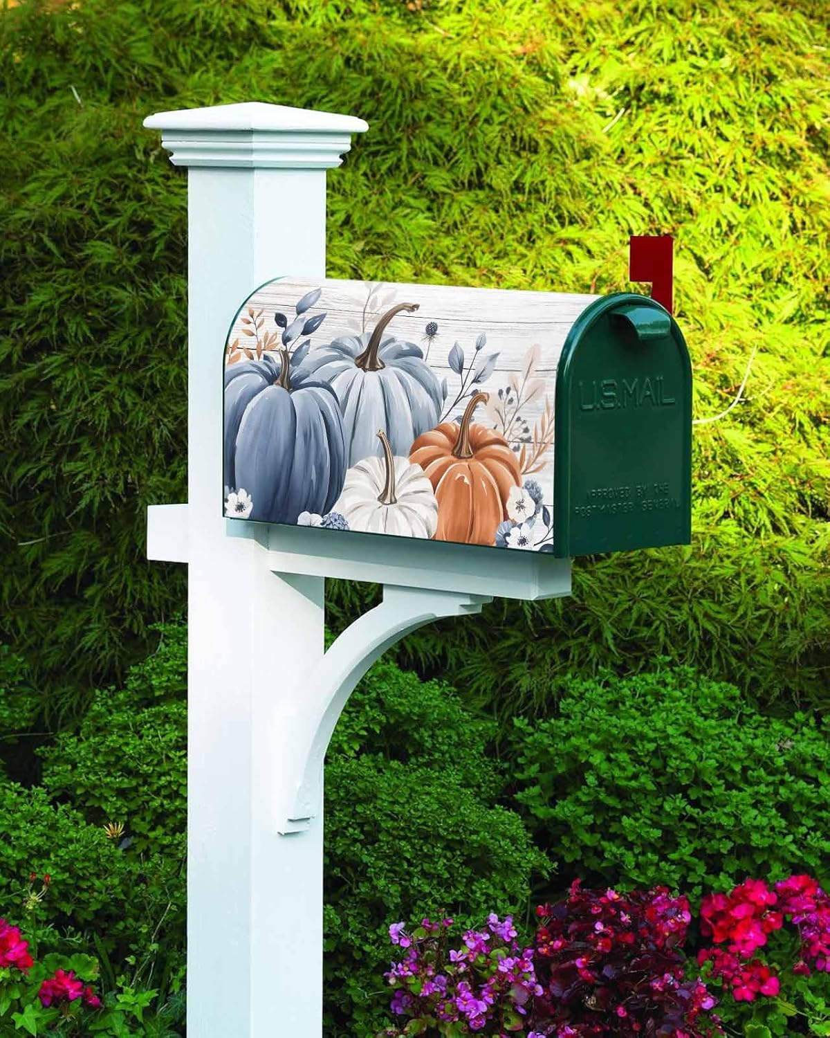 Mailbox Cover Magnetic Mailbox Wraps, Thanksgiving Blue Pumpkins Ombre Blue Wood Grain Mailbox Covers Standard Size 18x21 Inch Mail Wrap Post Letter Box Decoration for Outdoor Gardern Yard