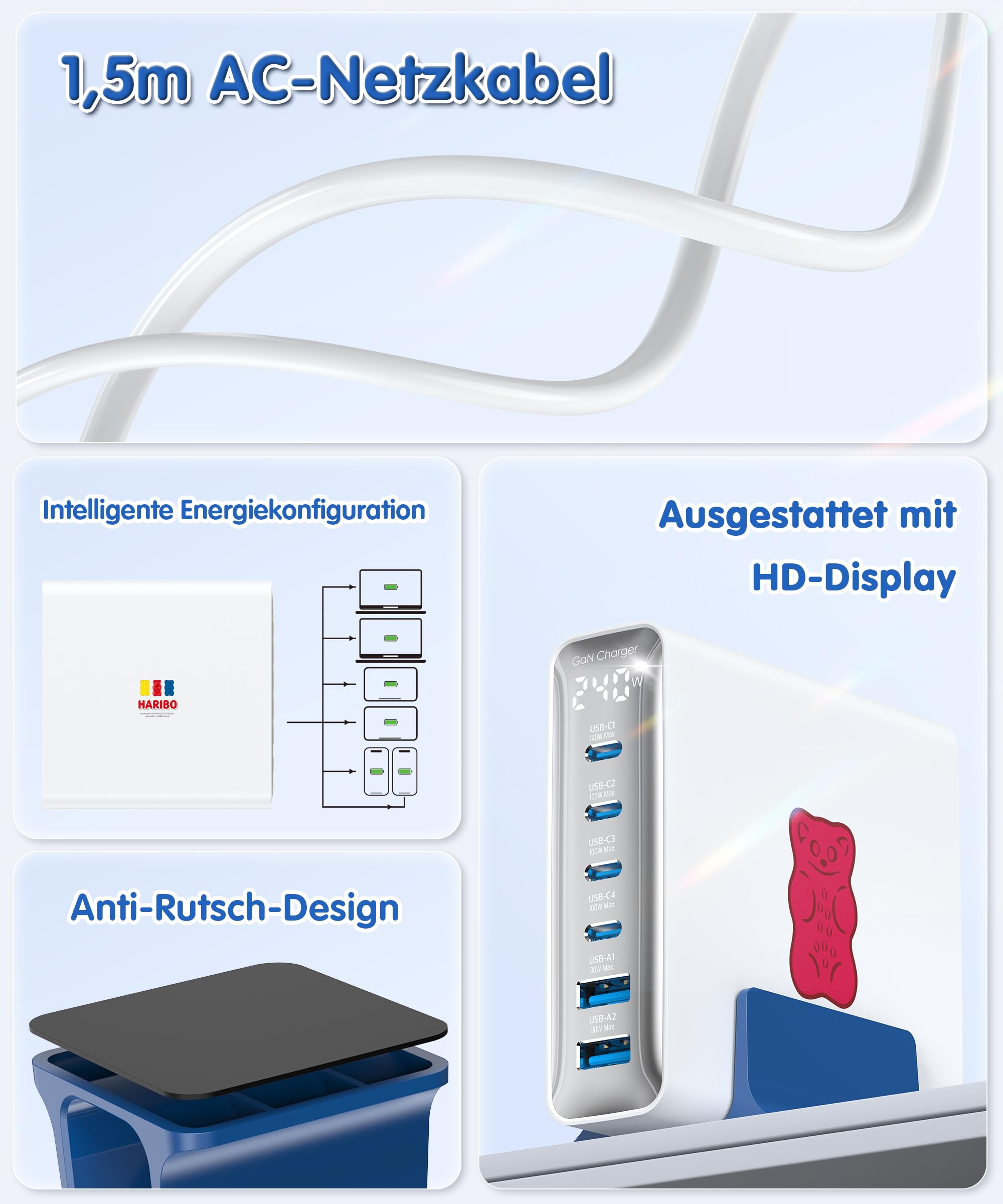 Haribo 240W USB C Ladegerät, 6-Port GaN Schnellladegerät USB-C Netzteil PD3.1 PPS für MacBook Pro/Air, für iPhone 17/16, iPad Pro, Galaxy S25/S24, für Dell XPS/Hp, Laptop ladegerät Geschenk, Rot