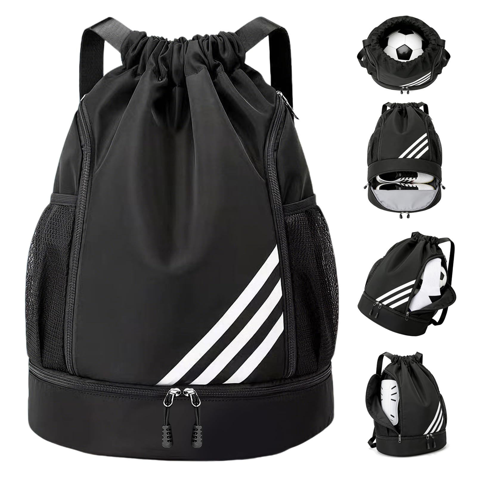 Wihozte Waterproof Sports Backpack, Large Drawstring Gym Bag with Shoe Compartment and Water Bottle Mesh Pockets, Sports Backpacks for Men Women, Football Basketball Volleyball