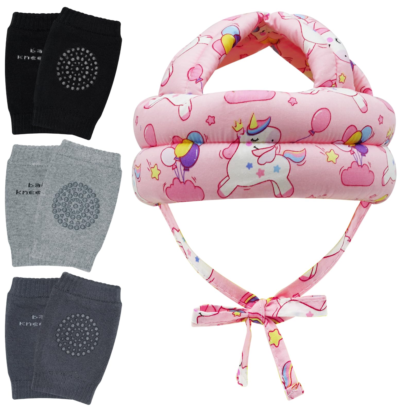 Baby Head Protector Helmet & Baby Knee Pads 3 Pairs Toddler Protector Cap Soft Cotton Cushion, Adjustable Bump-Free Safety Hood to Crawling, Walking,