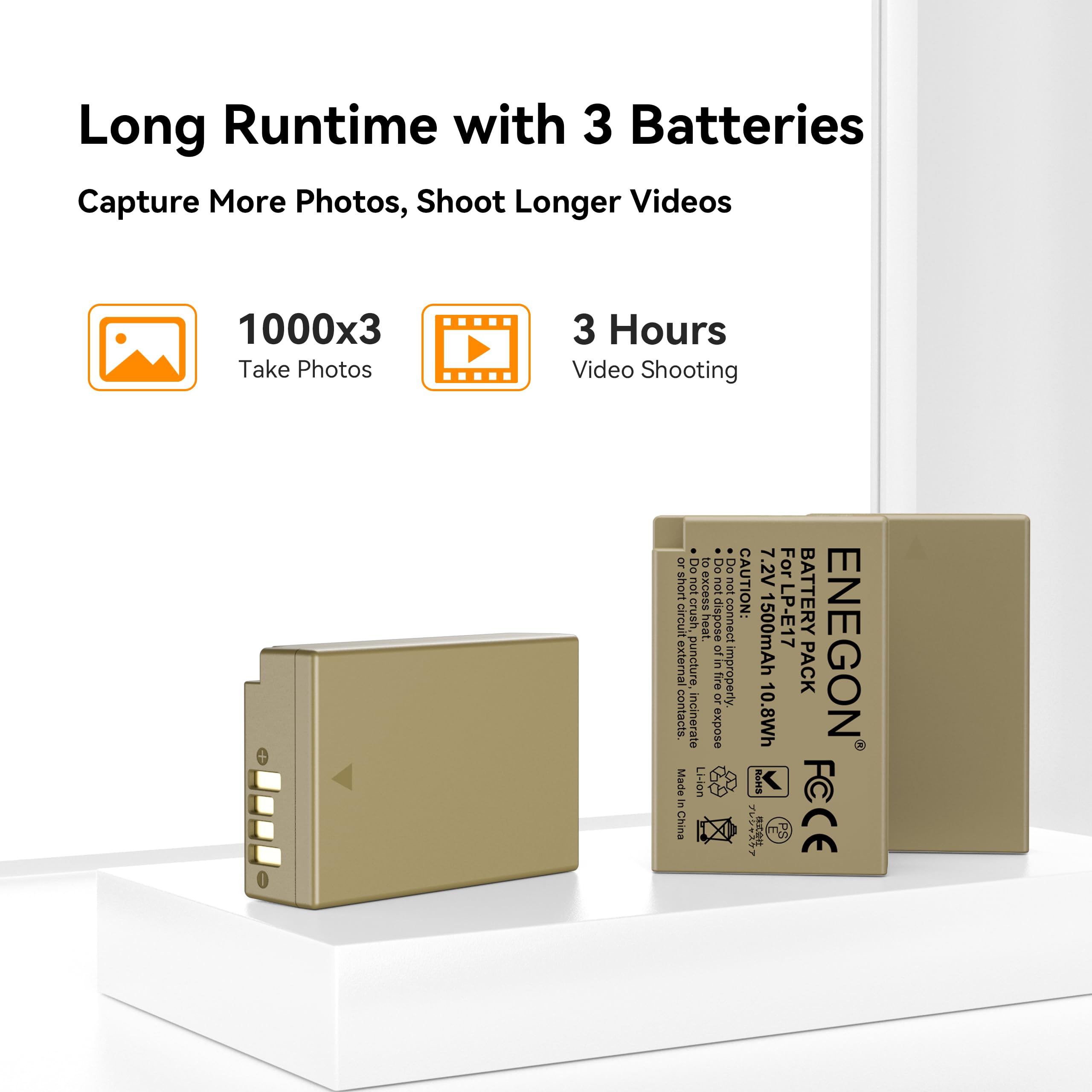 ENEGON 3-Pack LP-E17 1500mAh Batteries + Chargeur LCD à 3 Emplacements, Compatible avec Canon EOS R10, R8, RP, R50, R100, M3, M5, M6, EOS 200D, 250D, 750D, 760D, 800D, 850D, RP