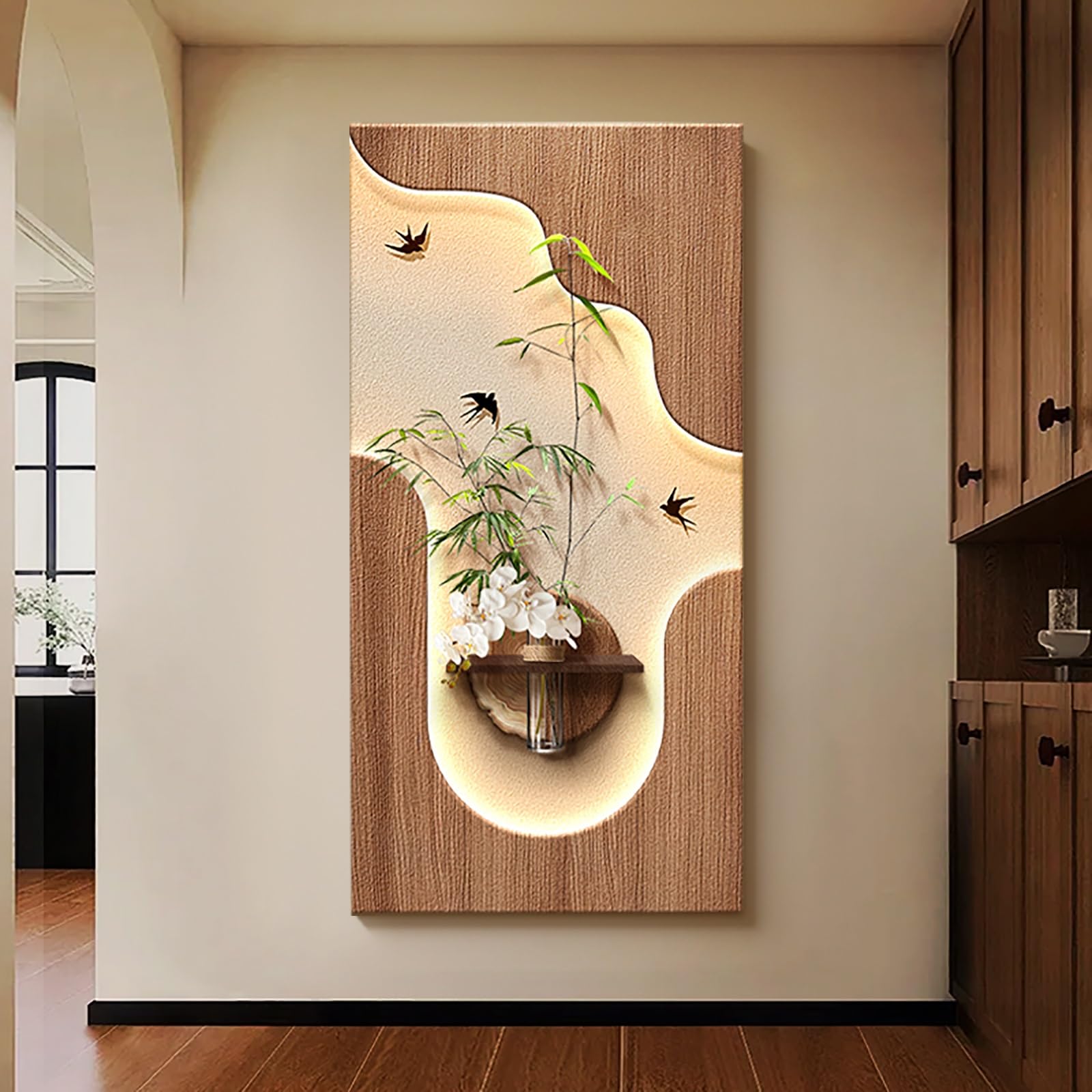 AZQOHMIS LED Illuminated Sandstone Wall Art with Vase and Plant, 3D Decorative Sculpture for Living Room, Entryway, Office, Hotel