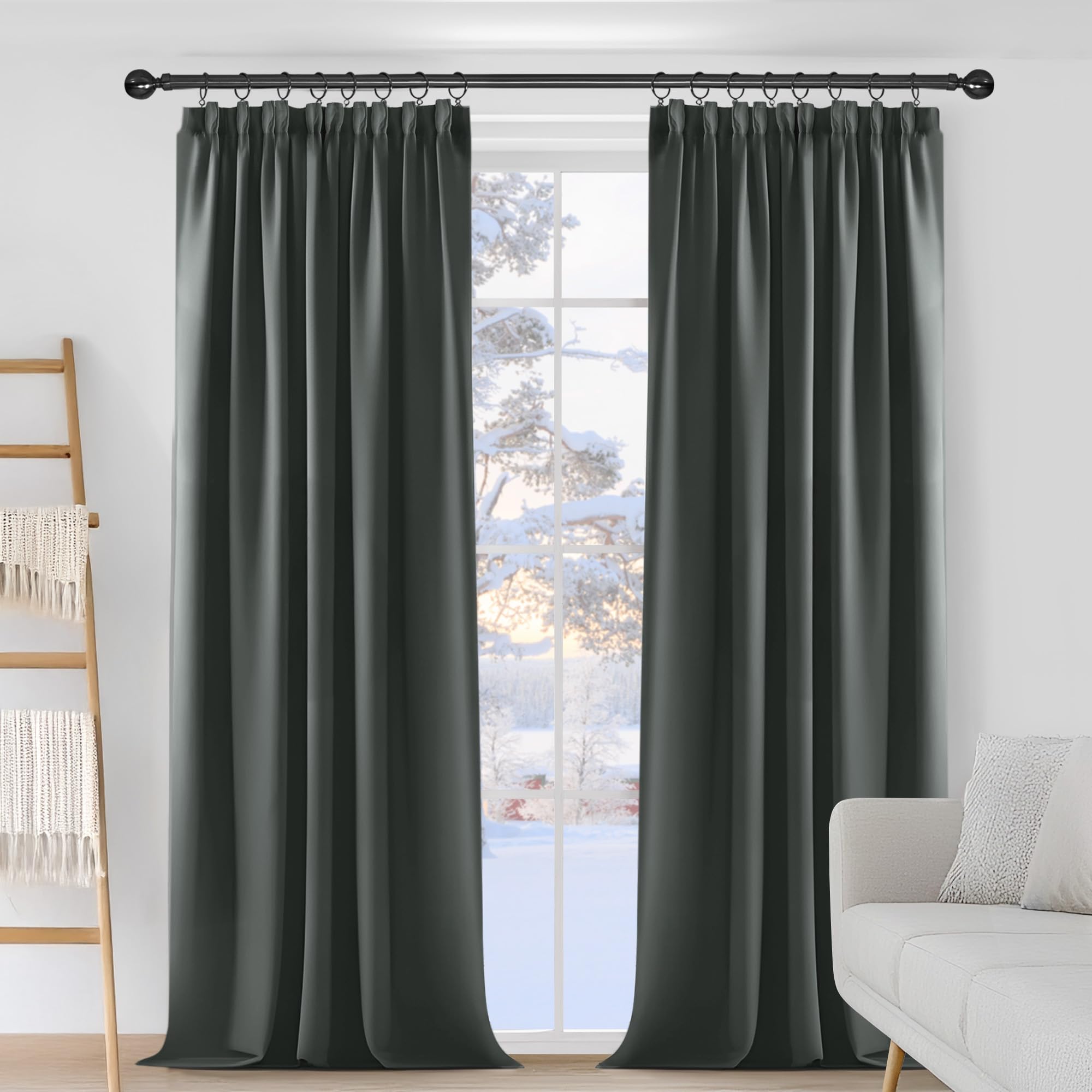Deconovo Lot de 2 Rideaux Chambre Garcon Thermique Anti Froid Porte Fenetre Rideaux Balcon Cuisine Intérieur Galon Fronceur Gris Foncé 140x245cm - 2