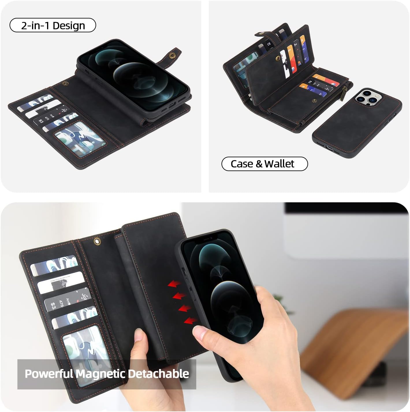 TwoHead for iPhone 12 Pro Max Wallet Case with Card Holder,Detachable Magnetic 12 Pro Max Phone Case, PU Leather Shockproof Protective Cover Wallet for Women/Men,6.7 in(Black) - Image 2