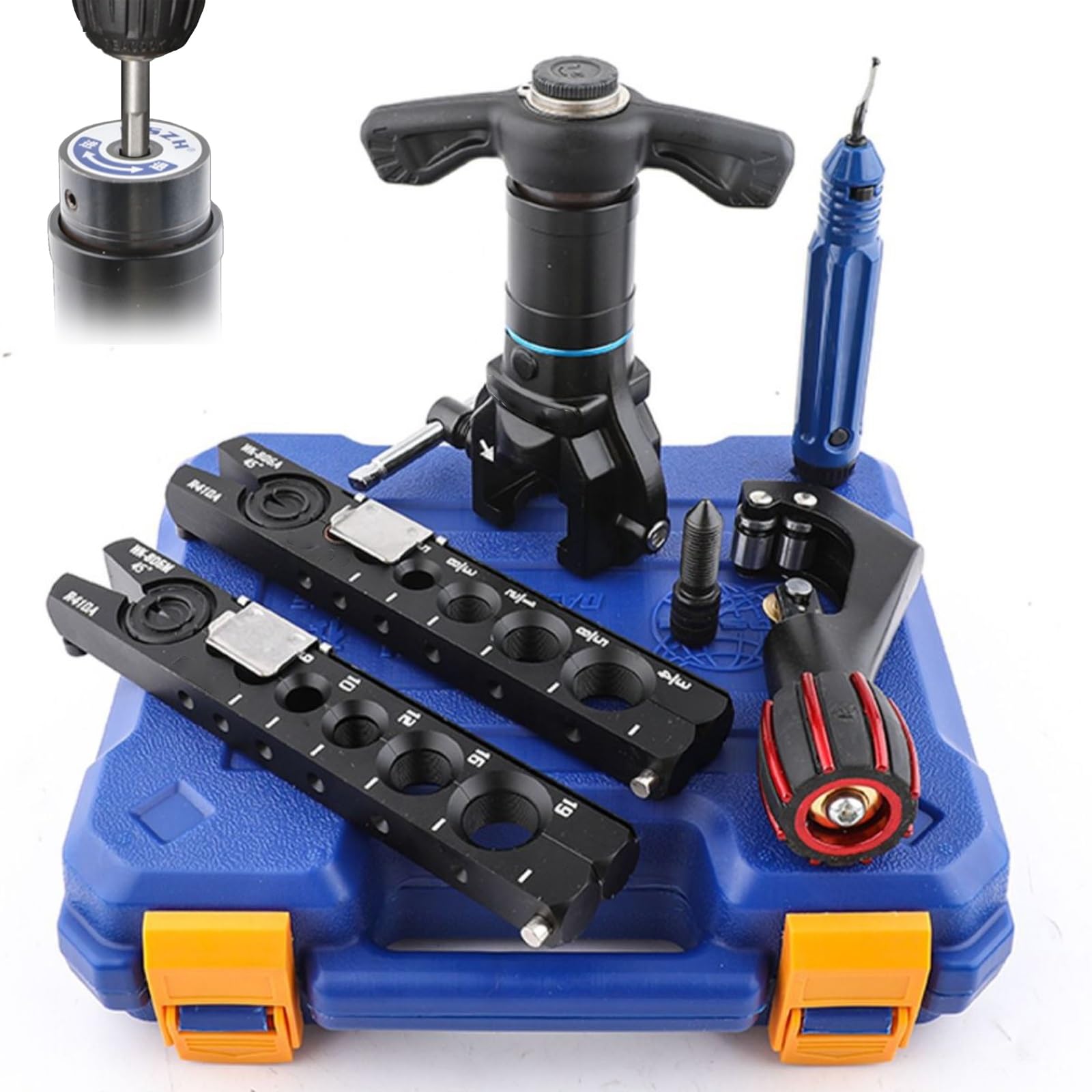 Akku-Bördelwerkzeug-Set, bohrmaschinen- oder handbetrieben, 1/4" – 3/4" Einzelbördelwerkzeug, 45° Exzenter, Kupferrohr-Aufweitwerkzeug-Set, Klimaanlagen-Reibahle, Bördelwerkzeug | Bohr- oder manuelle Bedienung, Zoll- und metrische Klemmen, Positionierstop