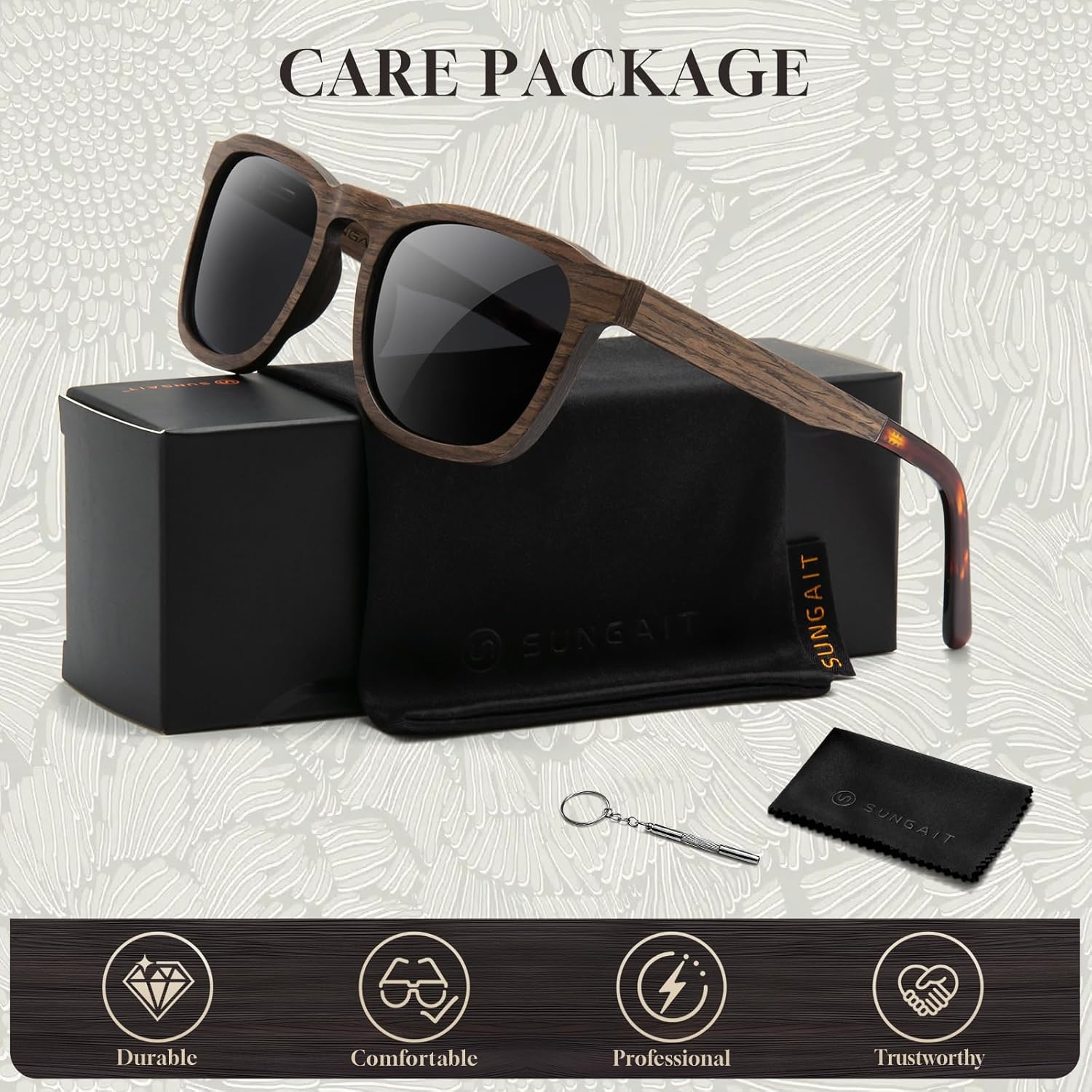 SUNGAIT Men’s Square Wood Sunglasses Classic Natural Red Burl Ebony Walnut Wooden Frame Polarized Lens - Image 6