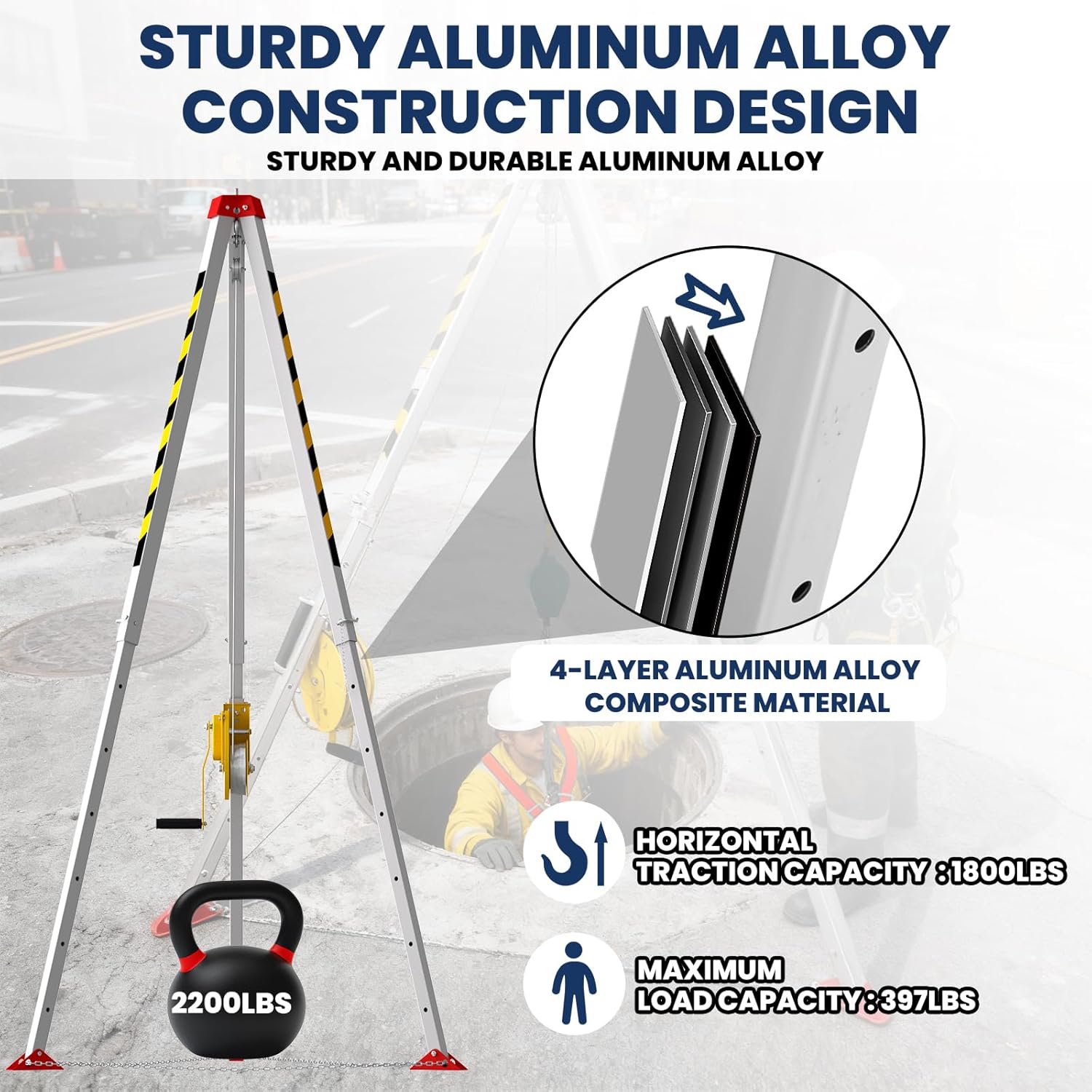 Confined Space Tripod Kit, 2200 Lbs Winch, Adjustable 7' Legs & 98' Cable, Steel Confined Space Rescue Tripod with 33' Fall Protection/Harness/8' Protection Chain for Confined Spaces Safety