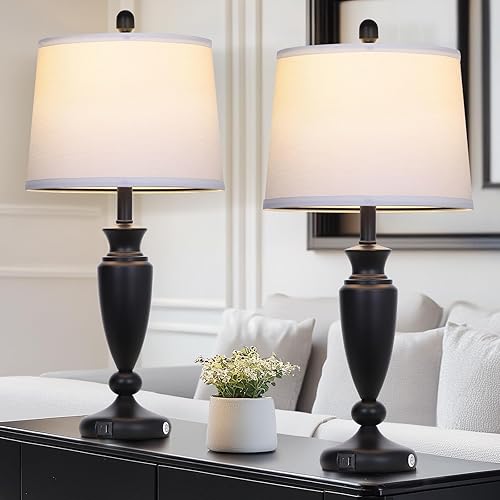 Miniatura 6 de Juego de 2 lámparas de mesa negras de 27 pulgadas, con control táctil de 3 vías, con puertos USB A+C, modernas lámparas de noche, elegantes lámparas