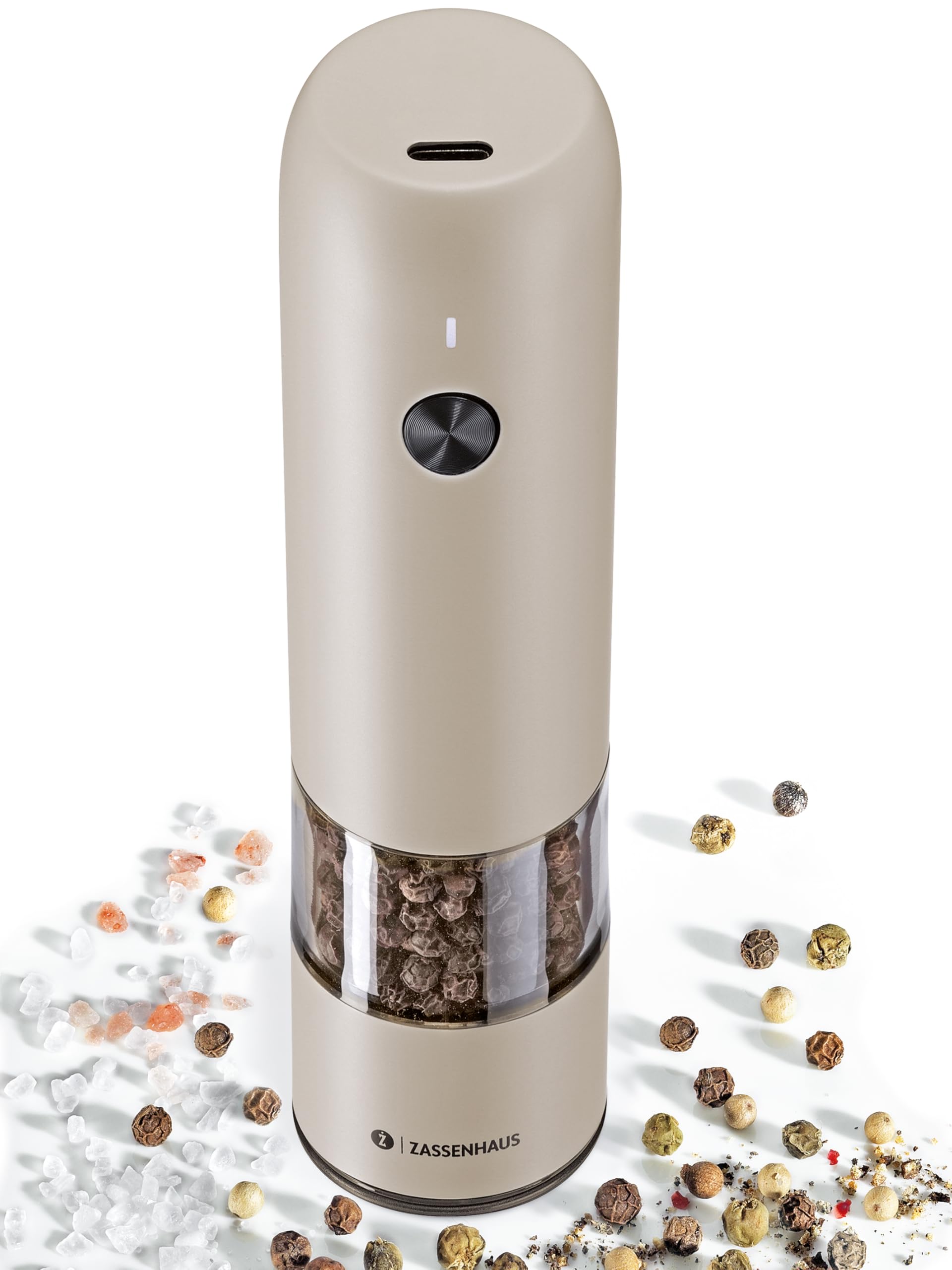 Zassenhaus KÖLN - Macinapepe elettrico USB, 14 cm, grigio, meccanismo in ceramica ad alte prestazioni, con alloggiamento in acciaio inox, batteria ricaricabile agli ioni di litio