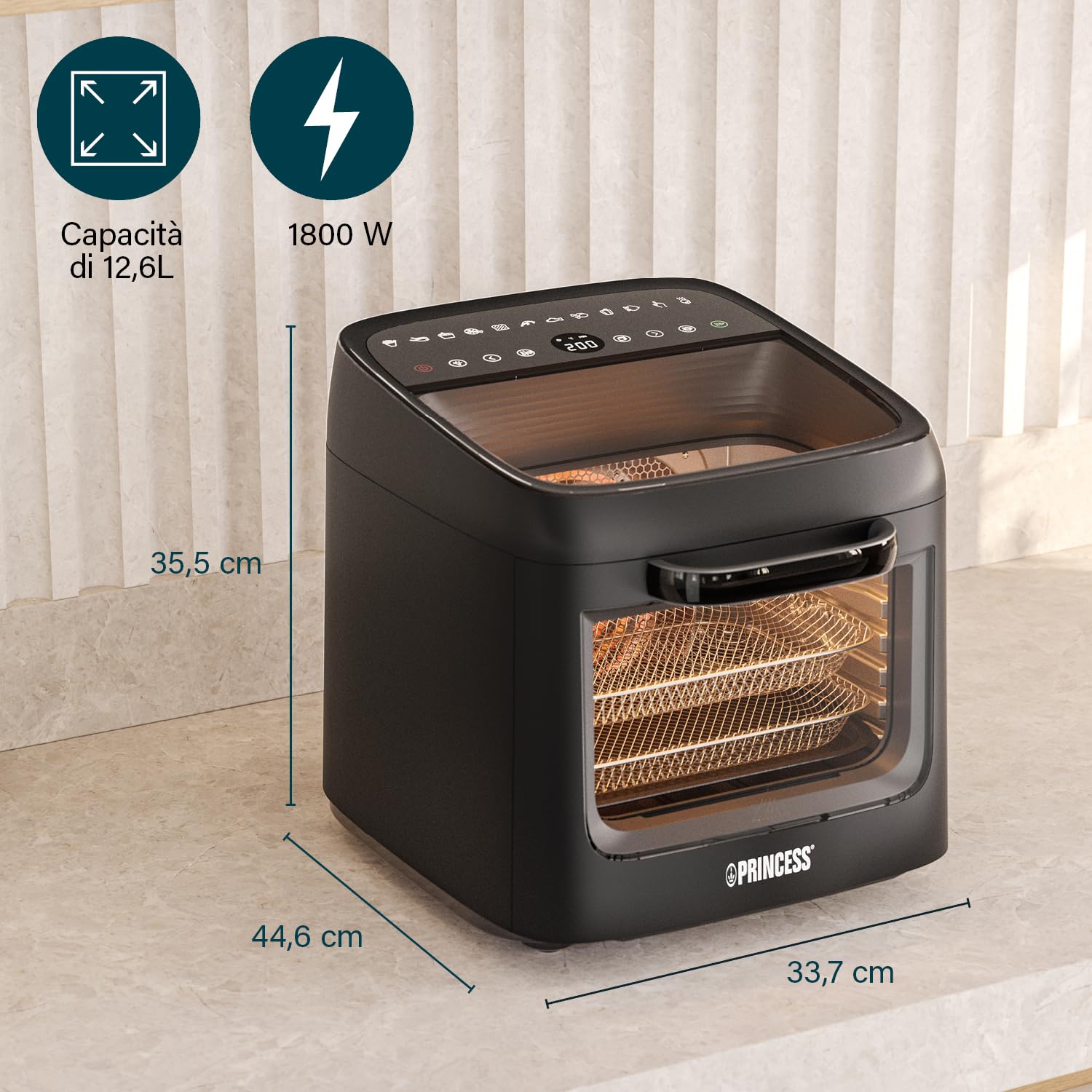 Princess Friggitrice ad Aria Forno Vision, Capacità 12,6 L, Potenza 1800 W, Cottura Multifunzione, Controllo Digitale, Facile da Pulire, 182494