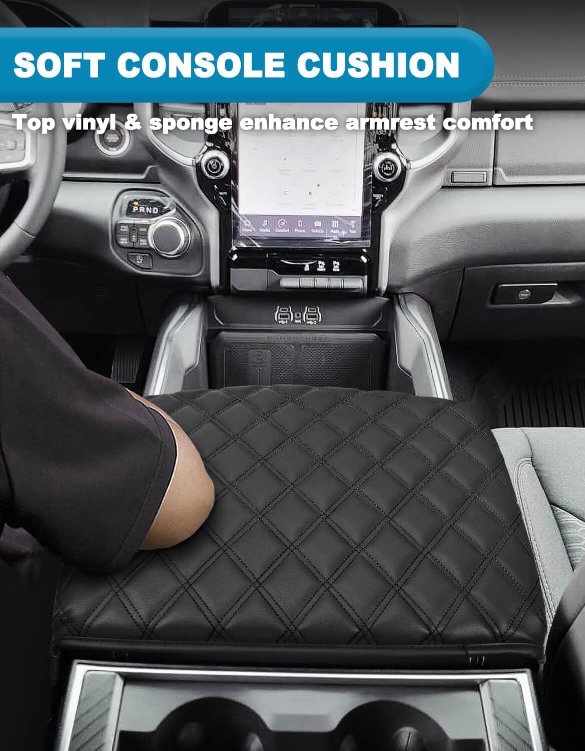Center Console Cover for Dodge Ram 1500 2019-2026, Bucket Seat, Vinyl Leather Interior Accessories, Car Armrest Cushion Pad, Anti-Scratch, Black