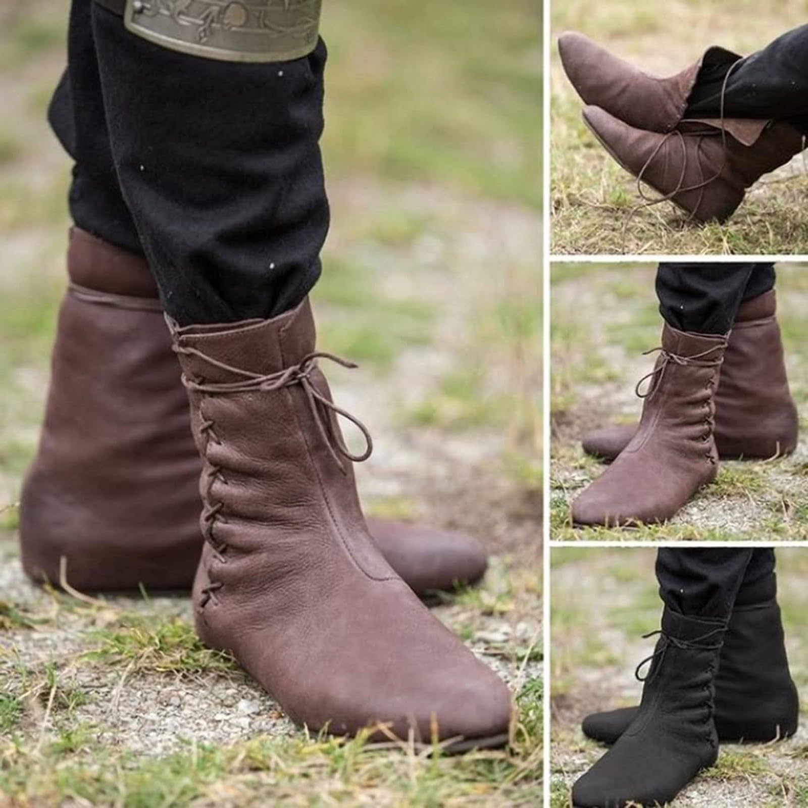 Generisch Stivali medievali rinascimentali, medievali, da uomo, da donna, da cavaliere, stile retrò, morbidi, comodi da cowboy, in pelle PU, con lacci, antiscivolo