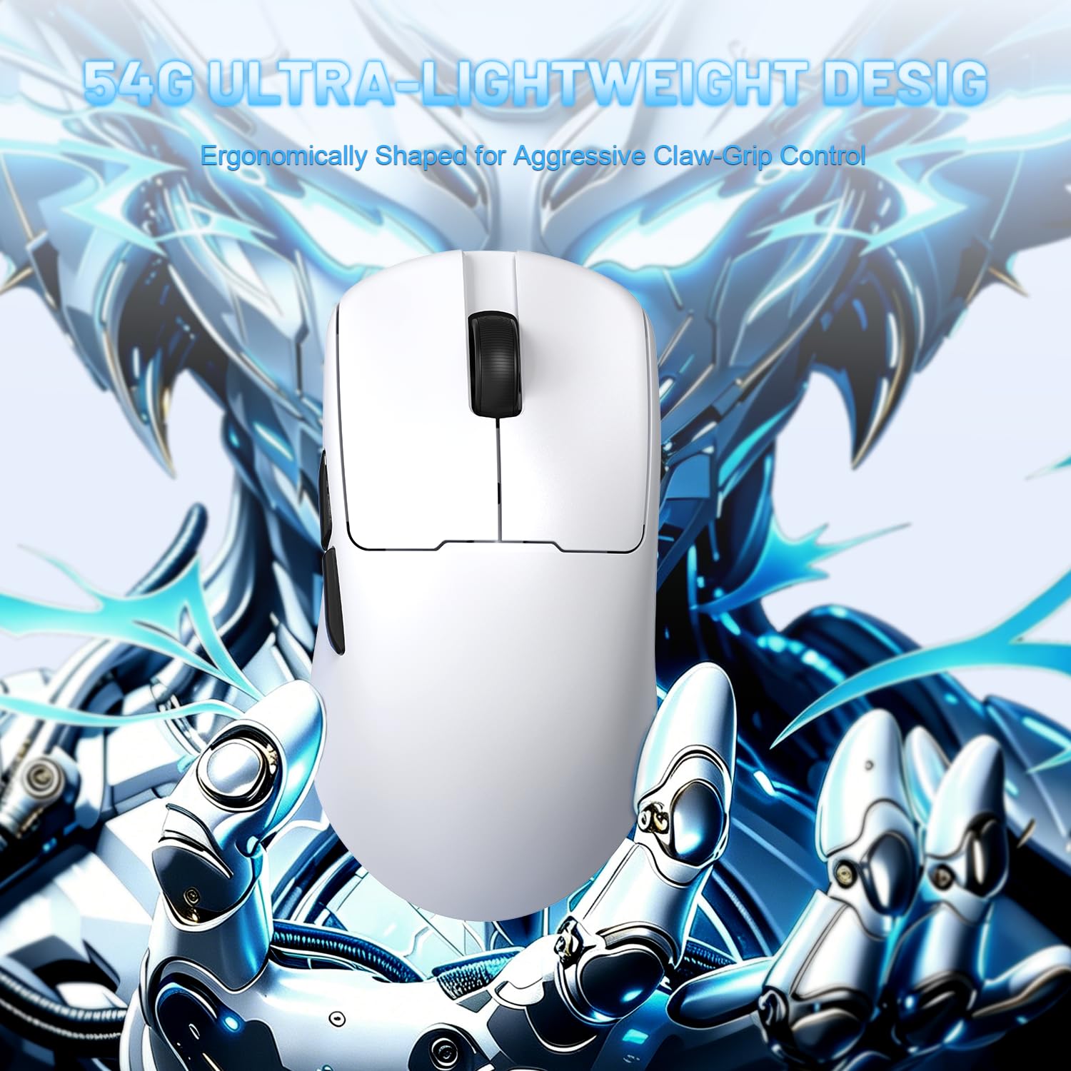 A.JAZZ AJ159 V2 Ratón Gaming Inalámbrico Ultraligero Con Batería Intercambiable En Caliente, Dos Baterías 300mAh Y Base De Carga, 54g, Sensor PAW3395, 32000 DPI Compatible PC Y Mac (Blanco)