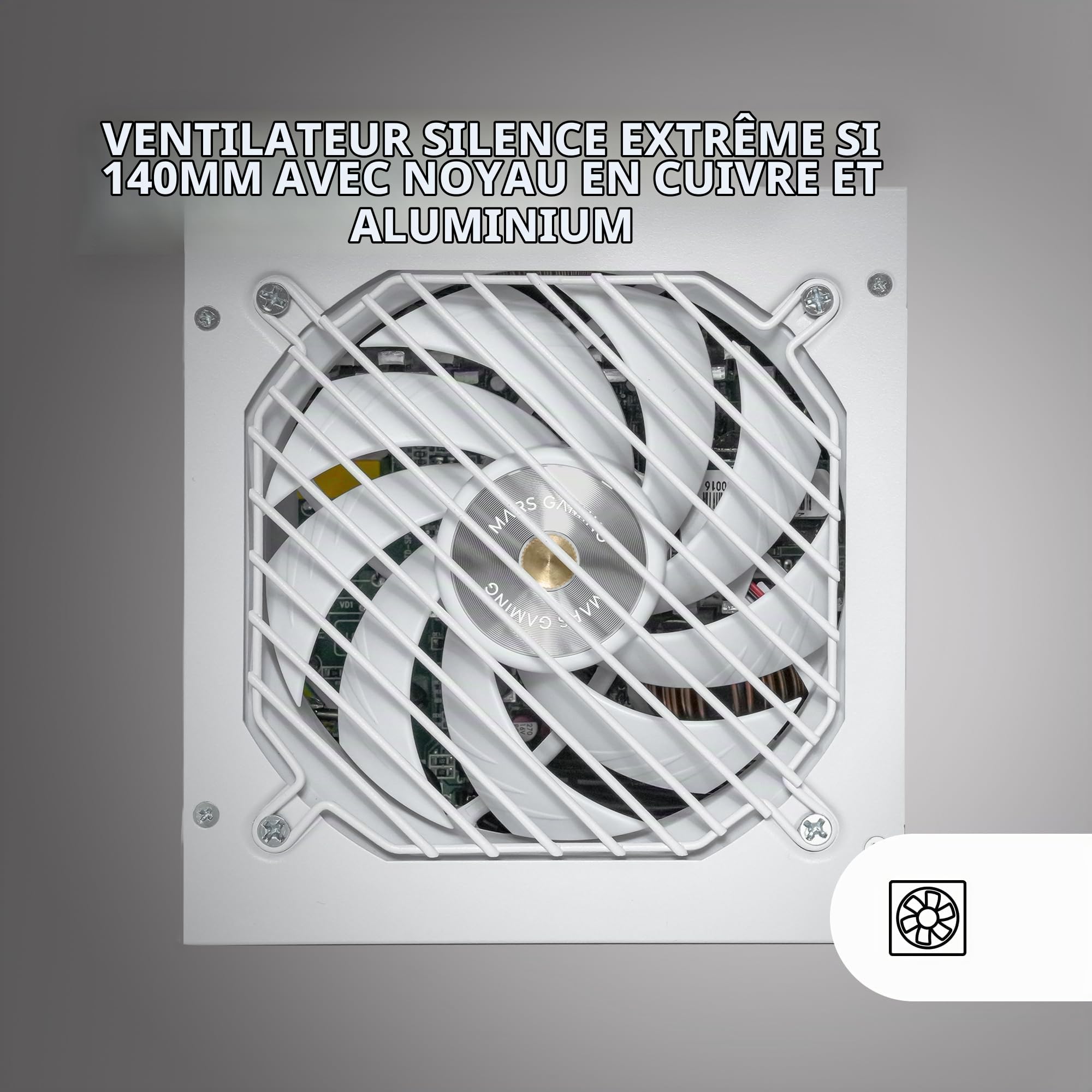 MARS GAMING MPB1000SIM, Bloc d'alimentation Full Modular ATX 1000W, 7 Ans Garantie, 80Plus Gold 90%, Ventilateur SI Extreme Silence 140mm, Technologies AI2-RPM, Condensateurs Japonais, Blanc