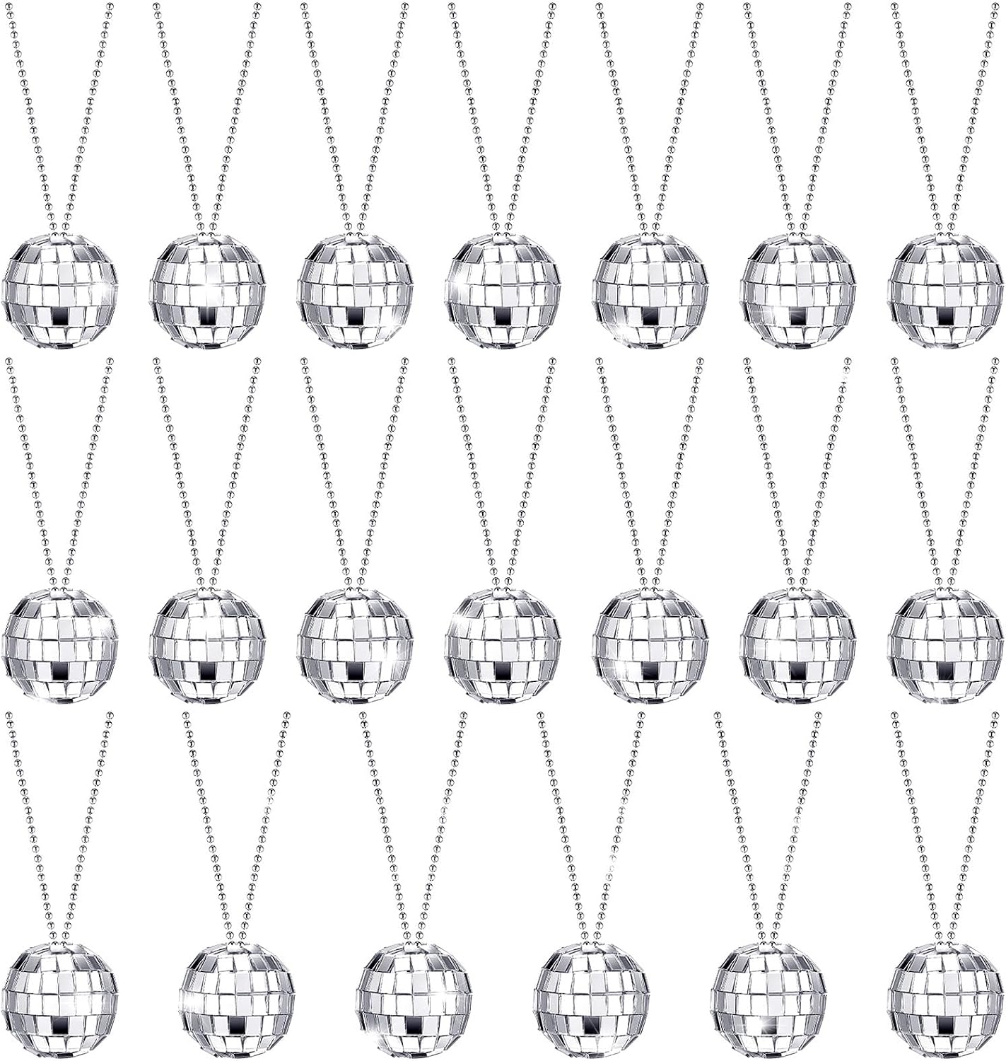 Sureio 20 Pcs Mirror Disco Ball Toys Necklaces Costume 70s Disco Party Necklaces 1.18 Inch Silver Hanging Stage Props Game Accessories Dress-Up Accessories