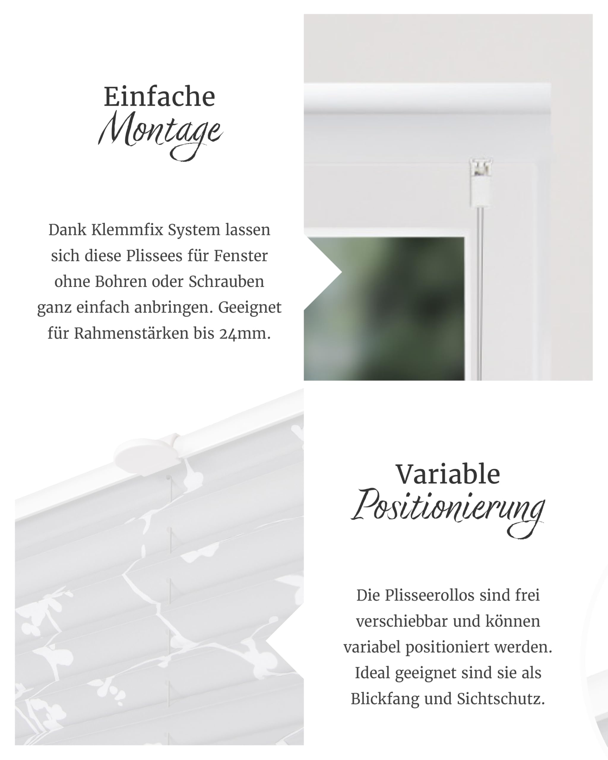 by Garesa Fenster Klemmfix Plissee ohne Bohren Blumen Motiv 110 x 130 cm, Weiß - Lichtdurchlässiger Fenster Sichtschutz und Fenster Deko, Faltrollo