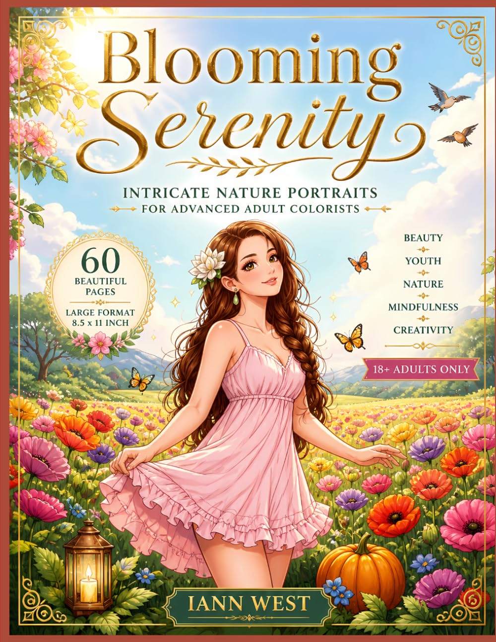 Blooming Serenity: Floral Nature Portrait Coloring Book for Adults: 60 Unique Intricate Designs – Young Women in Flowers, Rural Landscapes & Peaceful Outdoor Scenes for Advanced Colorists | 8.5x11