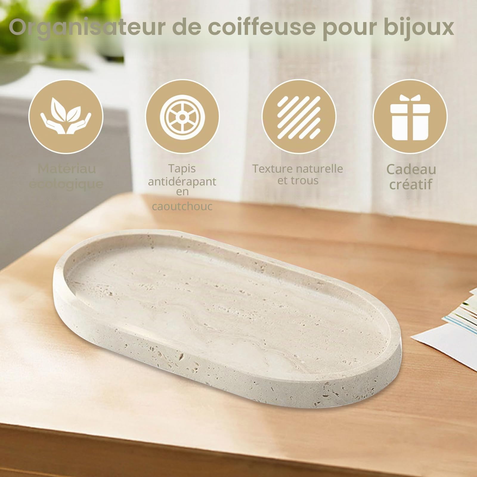 Plateau, Plateau Ovale de Salle de Bain en Travertin Naturel Plateaux Decoratif Beige à Bord Surélevé Plateaux à Bijoux 25 x 12 cm pour Cosmétiques Produits de Soin Bijoux Parfums et Bougies
