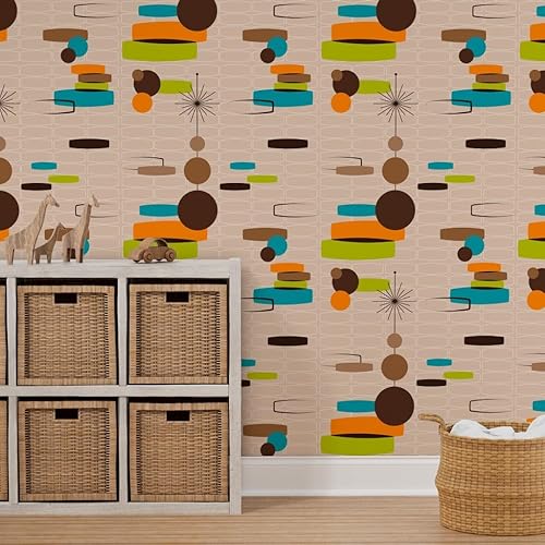 Miniatura 7 de Spoonflower Papel tapiz extraíble de 12 x 2 pies, diseño geométrico marrón claro, retro, atómico, abstracto, de mediados de siglo, vintage, verde,