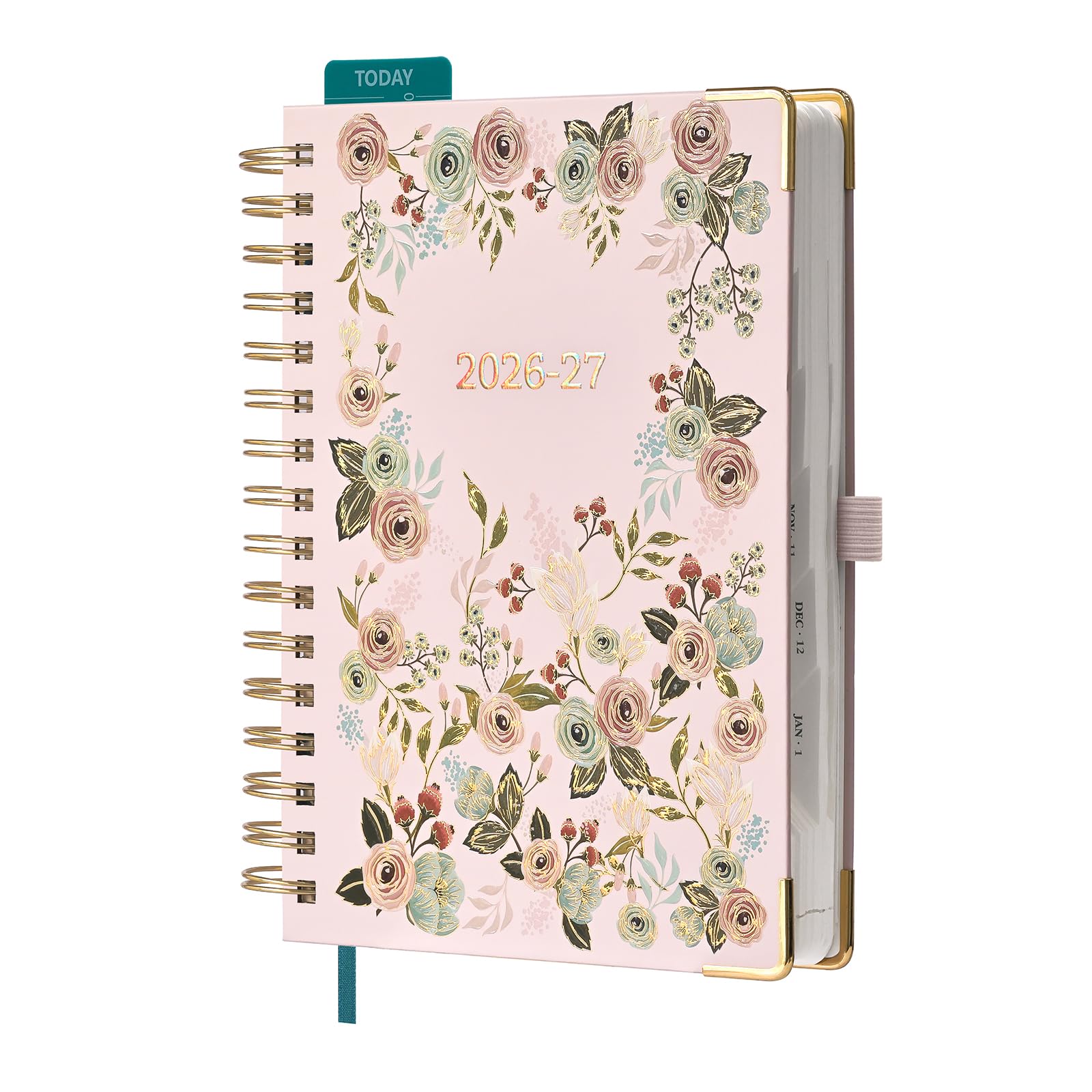 BEZEND Agenda Escolar 2026 2027 Día por Página A5 Espiral, 12 Meses de Ago.26 a Jul.27, Agenda Diaria Diseño Floral 15,5 x 21 cm, Dia Vista con Intervalos de 30 minutos, Tapa Dura - Rosa