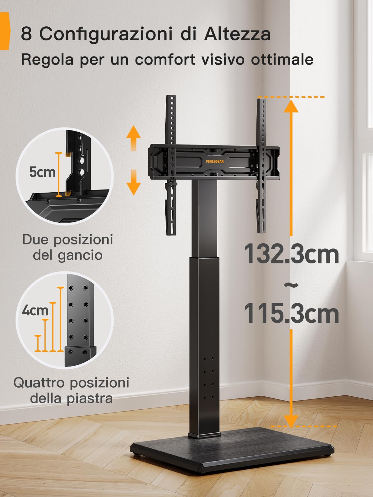 PERLEGEAR Supporto TV da pavimento universale per TV da 30 a 70 pollici Fino a 40 KG, porta TV da terra regolabile con rotazione e inclinazione, 8 altezze regolabili, VESA Max 400x400 mm