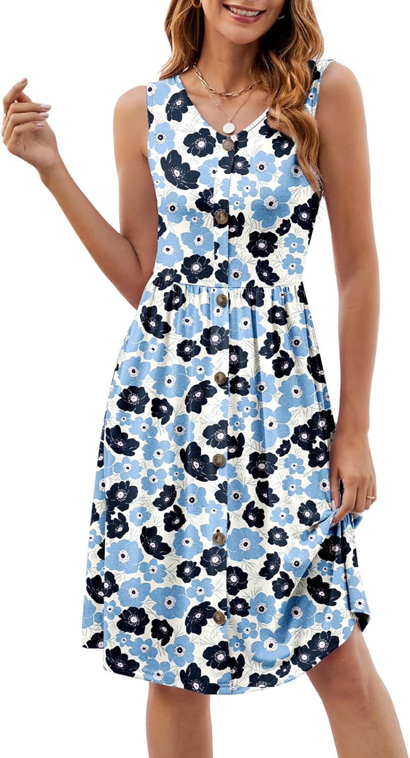 Women's V-Neck Sleeveless Midi Summer Sundress with Elastic Empire Waist Flowy A-Line for Beach Travel Work - Image 2