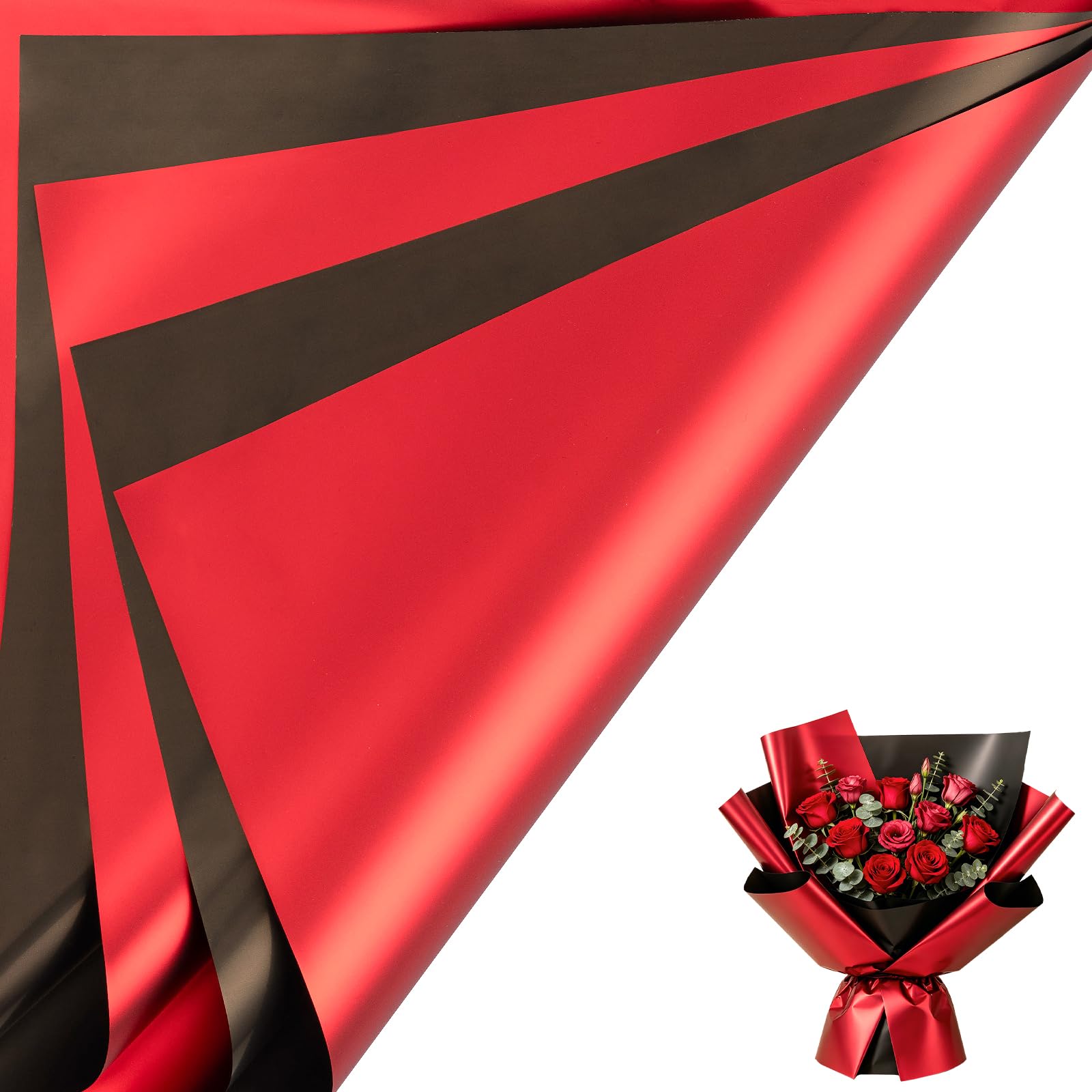 RUSPEPA 20 Sheets Double-Sided Matte Waterproof Flower Wrapping Paper, Red & Black, Ideal for Valentine’s Day, Birthday & Bouquet Packaging