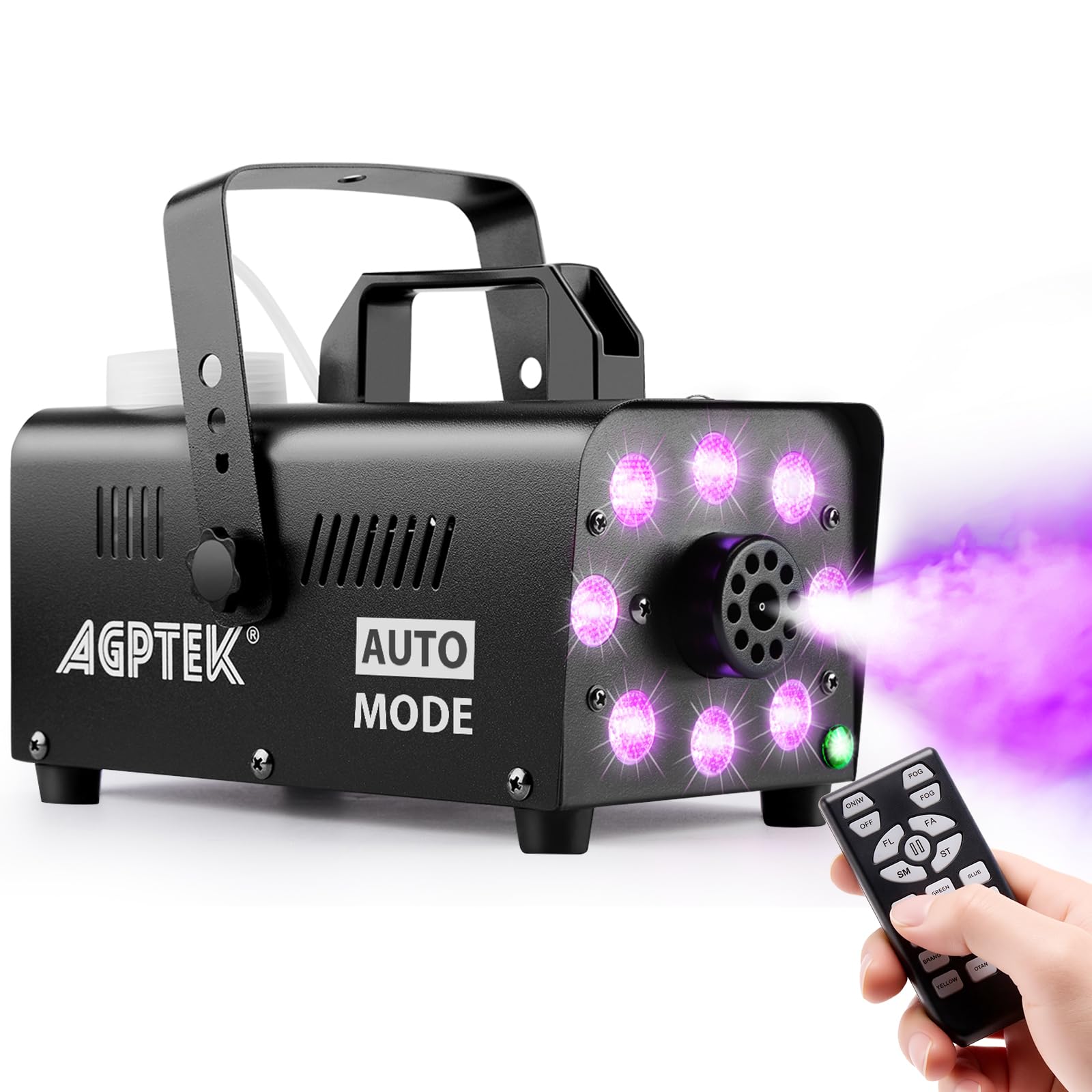 AGPTEK Fog Machine, Smoke Machine with 12 Colorful LED Lights Effect, Upgraded Auto Mode 600W 4000CFM Fog & 1 Wireless Remote,Low Fluid Auto Shut-Off,Good for Wedding Halloween Party and Stage Effect