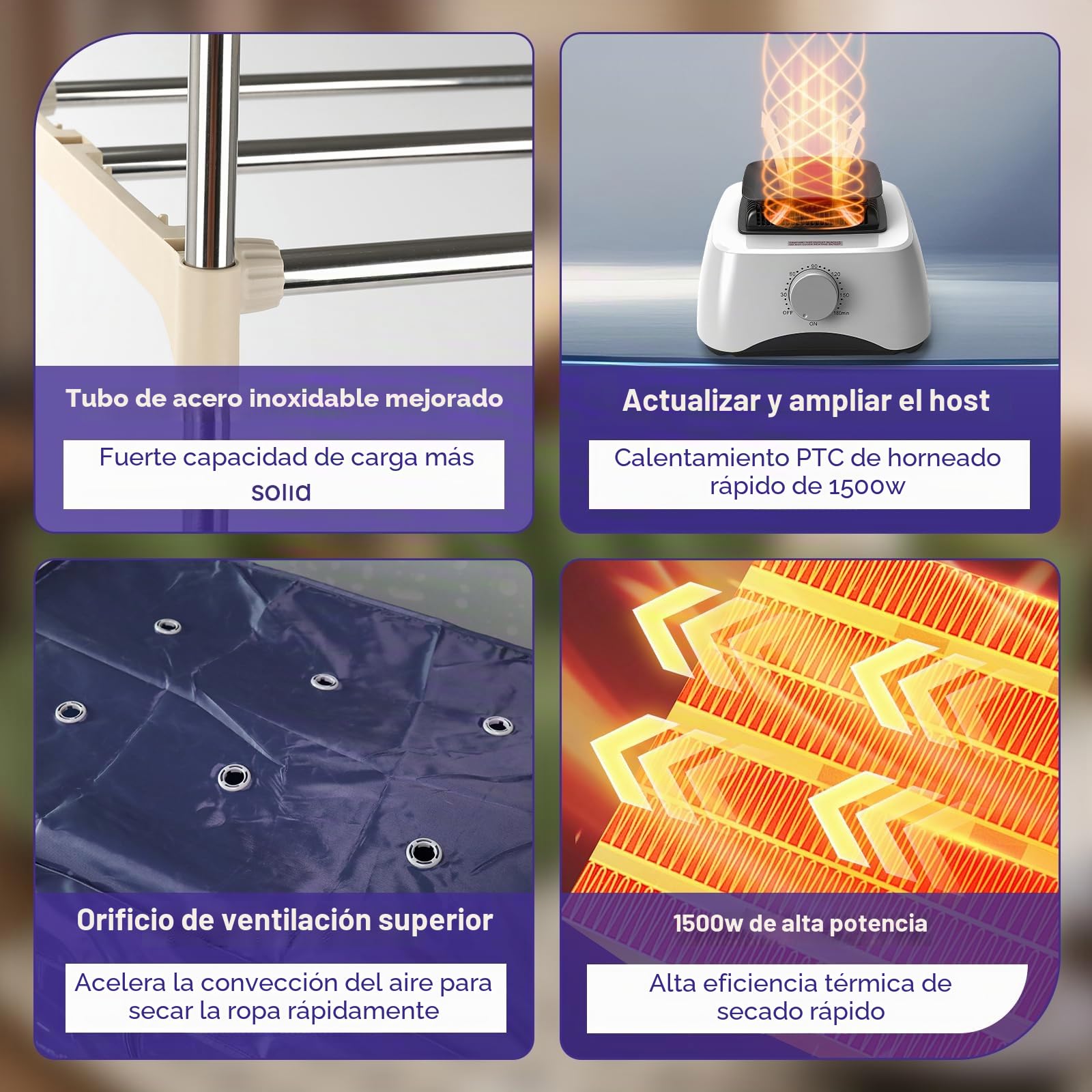 ConBlom Tendedero eléctrico con cubierta para secar la ropa, 1500 W, secadora portátil con temporizador de 180 minutos, acero inoxidable, para uso interior en casa