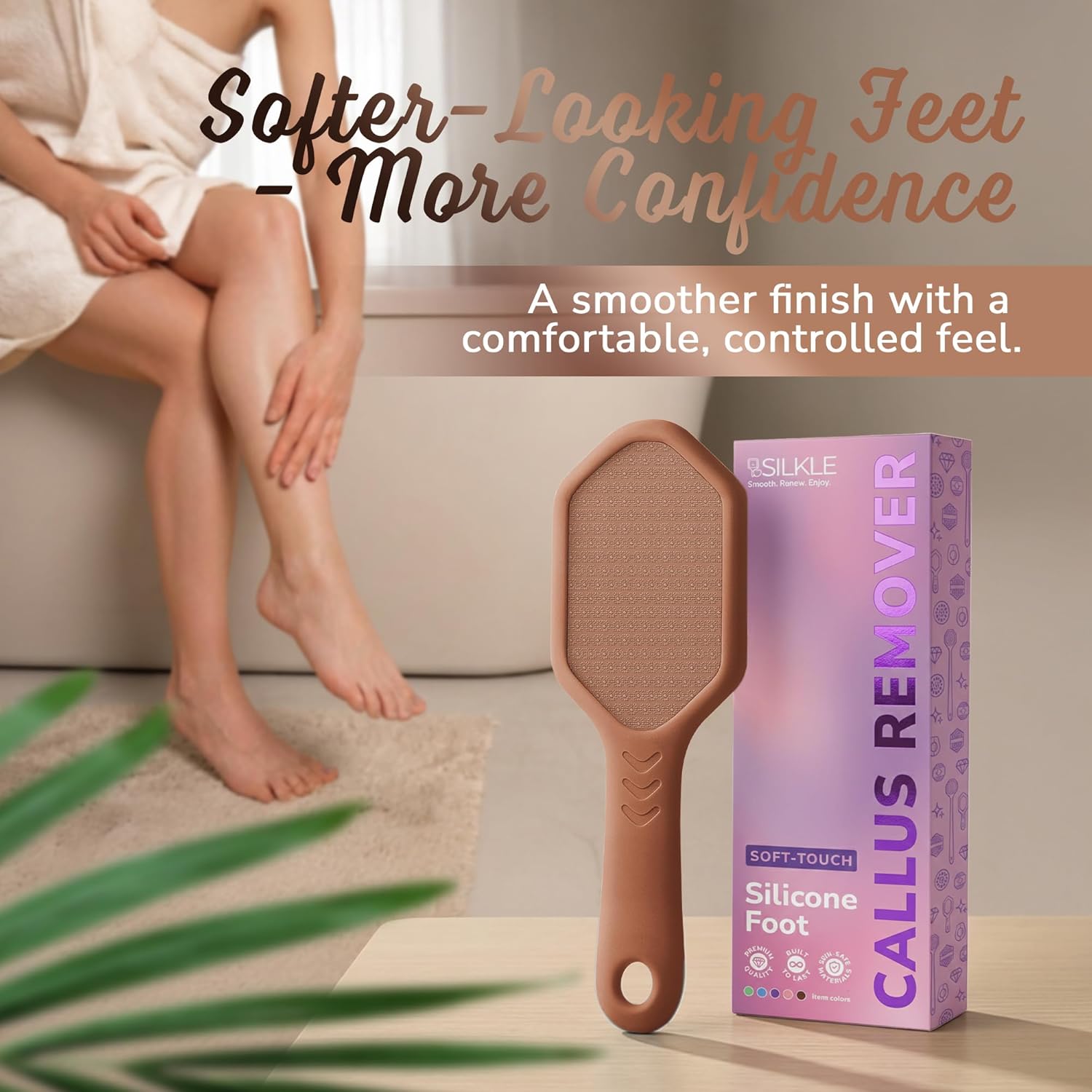 Nano Glass Foot File - Silicone Foot Callus Remover for Feet and Cracked Heels - Heel Scraper for Dead Skin - Ergonomic Foot Scrubber & Exfoliator for Shower with Non-Slip Grip - Brown