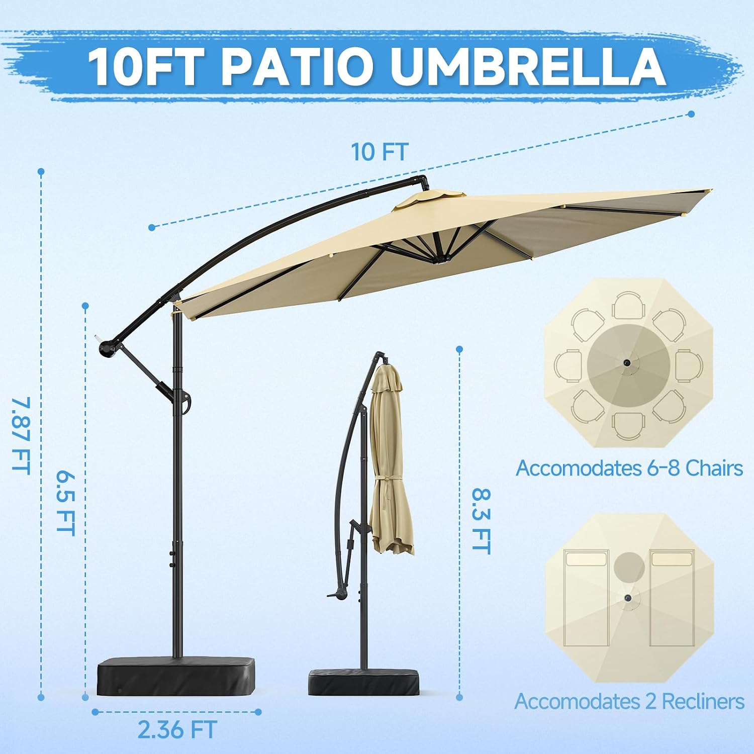 SUNYRISY 10ft Outdoor Patio Umbrella with Base Included, Large Cantilever Offset Umbrella with Sandbag Base Included for Deck, Pool, Porch, and Backyard Shade, Easy to Tilt and Crank