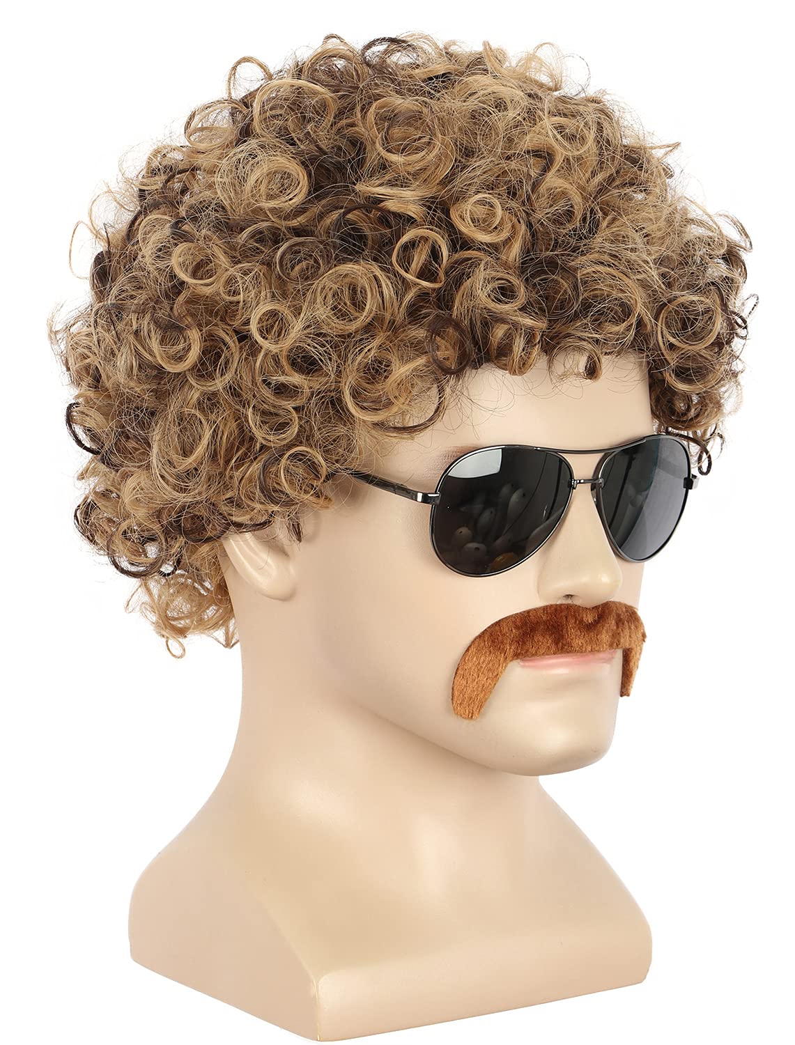 Yuehong Men Short Curly Brown Afro Wig 70s 80s Disco Hair with Mustache Set Heat Resistant Synthetic Fibers Soft Breathable Wig - Image 3