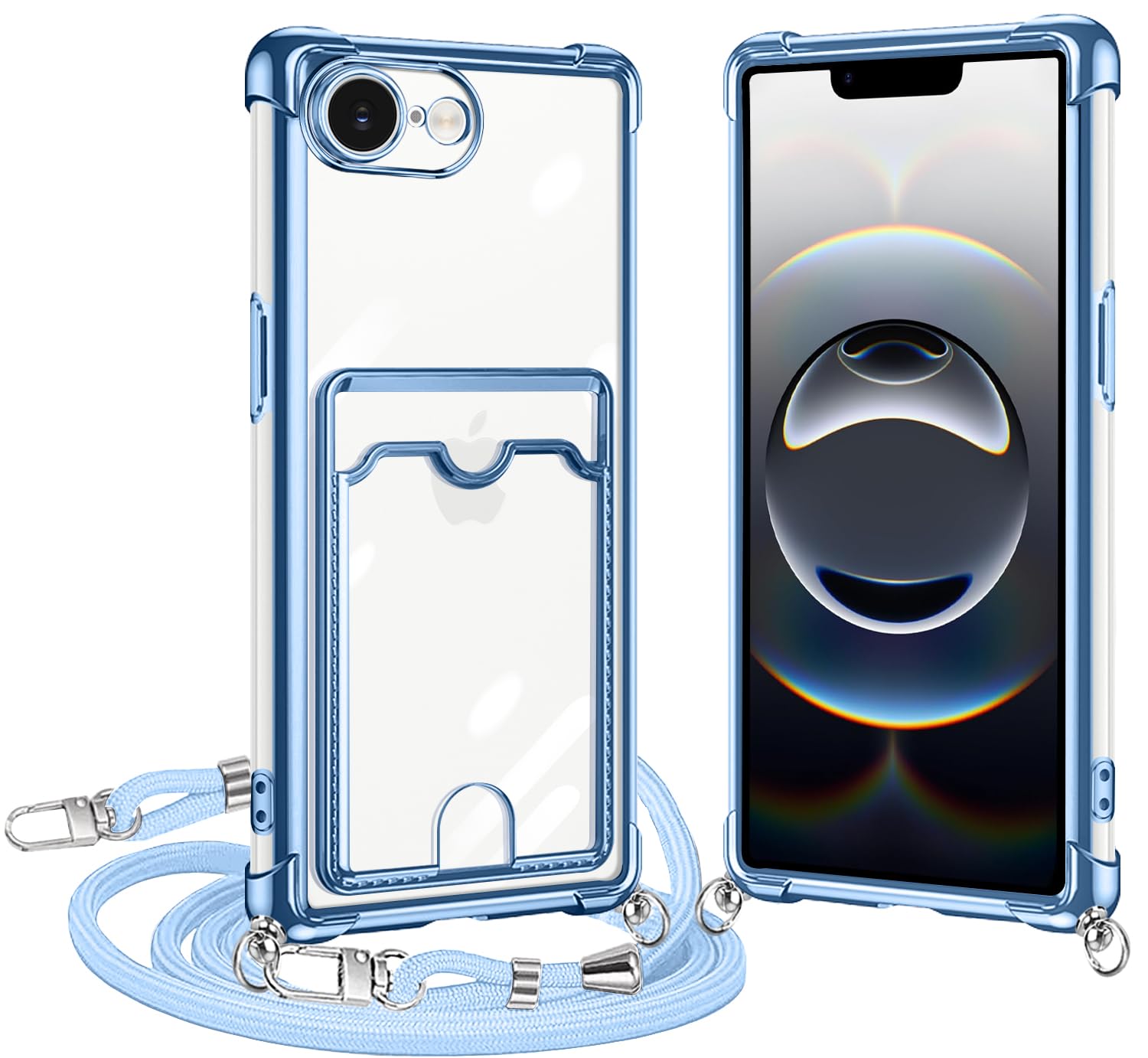 ATUSIDUN For iPhone 16e / 17e ケース クリア ショルダー iphone 16e カバー カード収納 アイフォン 17e スマホケース 肩掛け 首かけ 斜めがけ 縄掛け ケース 透明 TPU 耐衝撃 薄型 軽量 カード入れ 財布型 スマホケース 調節可能な 落下防止 紛失防止 (ブルー)