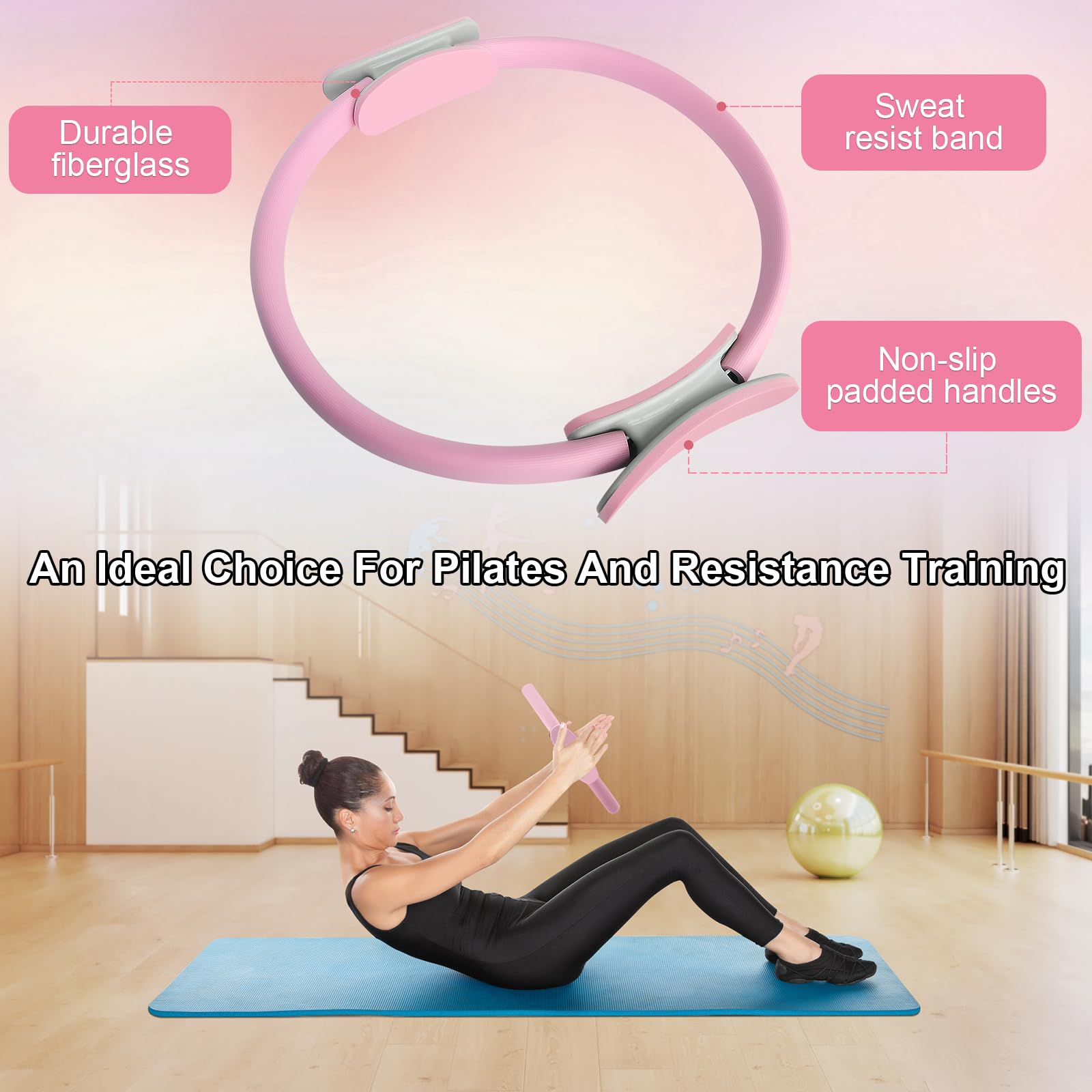 Pilates Ring 15 Inch Magic Circle Ring, Dual Padded Handles Pilates Rings Circle, Adjustable Yoga Ring, Strength, Flexibility, Body Toning, Pilates Fitness Equipment for Home Gym Exercise Pink 3