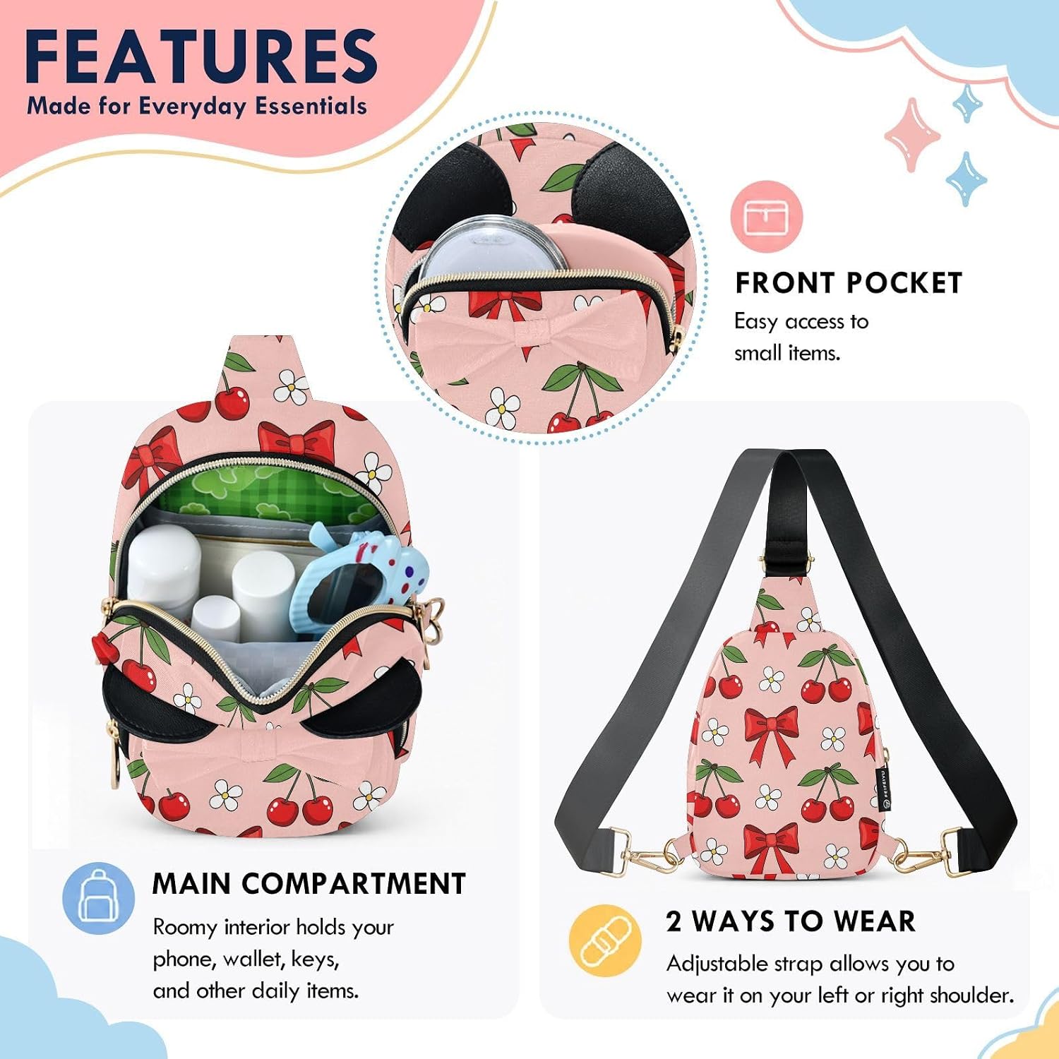 Sinestour Cherries Kids Crossbody Bags for Girls, 5.7x3.1x7.5In | Crossbody Fanny Pack, Toddler Purse, Cute Sling Belt Bag with Ears, 2L Small Shoulder Chest Bag for Travel