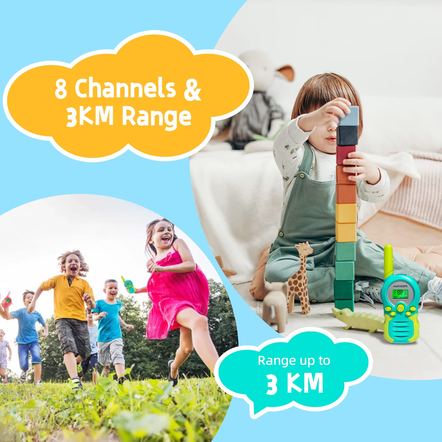 Talkie-walkie rechargeable pour enfants – Jouets électroniques pour garçons et filles, cadeaux d'anniversaire, radio bidirectionnelle avec lampe de poche, écran LCD VOX (rechargeable cyan)