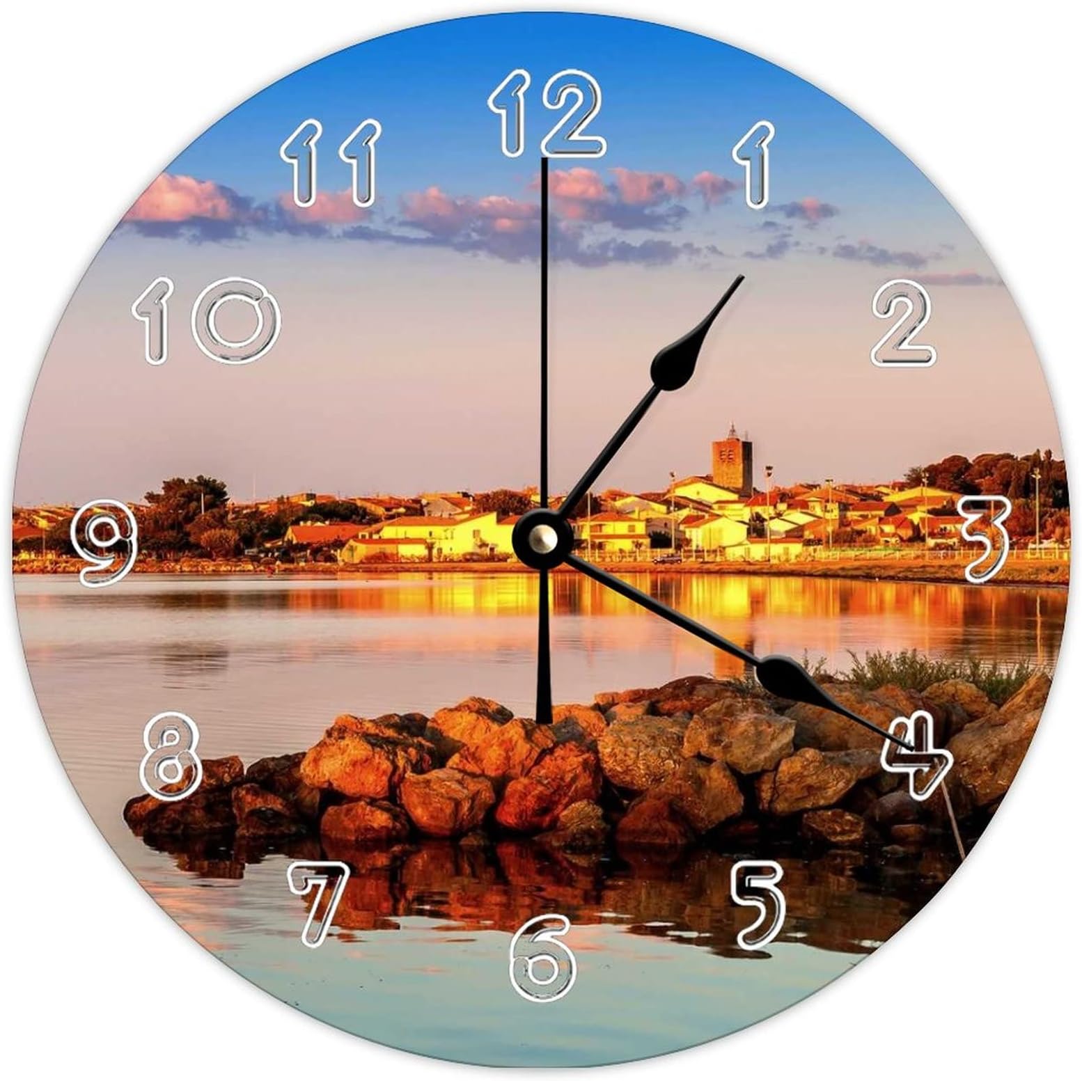 FunlucyModern Round Wall Clock - Vstones Meuse Sea City Architecture Natural theme Silent Non Ticking Wall Clocks for Kitchen, Office, Retro Hanging Clock, 14 Inches