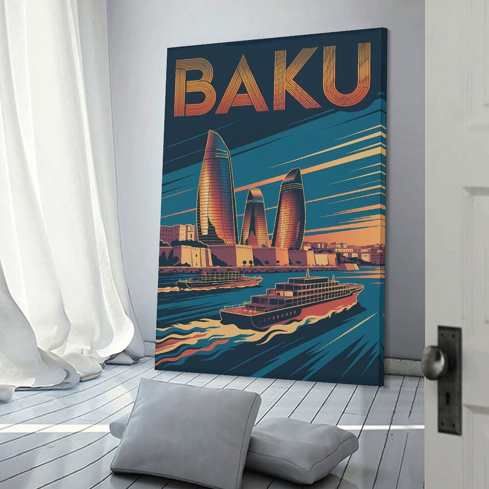 Junmoney Canvas Wall Art Baku Cityscape Travel, 20x30inch(50x75cm), for Living Room, Lounge Or Sitting Room, Canvas Styling for A Polished Room Look