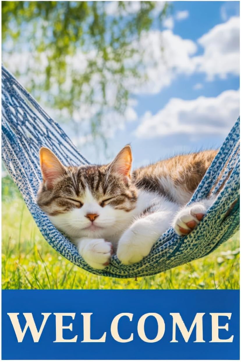 Welcome Cat Garden Flag Double Sided 12x18 Inch Spring Summer Cat Garden Flag Small Outside House Yard Lawn Holiday Funny Garden Yard Holiday Farmhouse Outdoor Outside Decoration(ONLY FLAG)