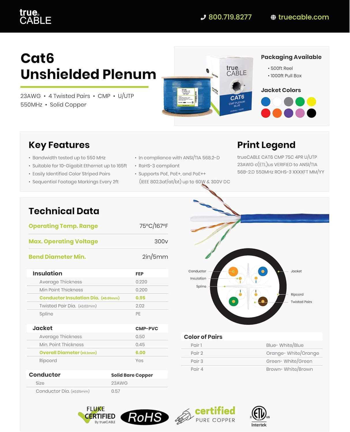 Onе-Dау Sаlе: Uр tо 80% оƒƒ trueCABLE Cat6 Plenum (CMP), 500ft, Blue, 23AWG 4 Pair Solid Bare Copper, 550MHz, ETL Listed, Unshielded Twisted Pair (UTP), Bulk Ethernet Cable