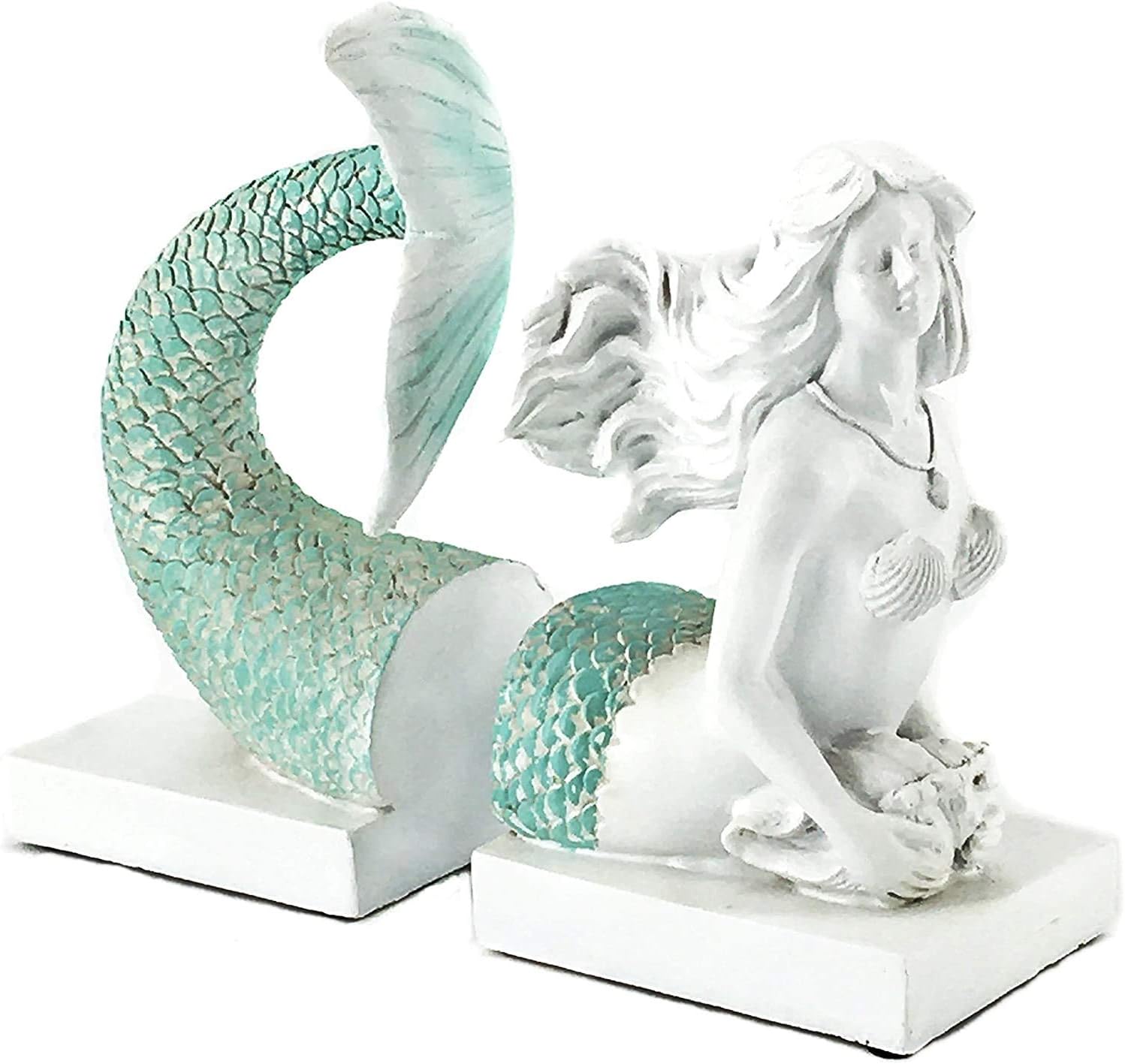 Bellaa 22975 Decorative Bookend Mermaid Antique Farmhouse Sailor Sea Nautical Coastal Fish Boho Beach Decor Retro Vintage Book Ends Distressed White Turquoise 9 Inch