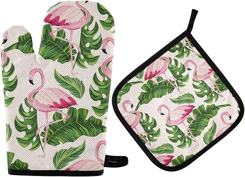 Tropical Leaves and Flamingos Background Oven Mitts & Pot Holders Non-Slip Cooking Kitchen Gloves Washable Heat Resistant Oven Gloves for Microwave BBQ Baking Grilling, Sets of 2