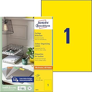 Avery 3470 - Etiquetas universales (210 x 297 mm, para todas las impresoras A4), 100 unidades, color amarillo